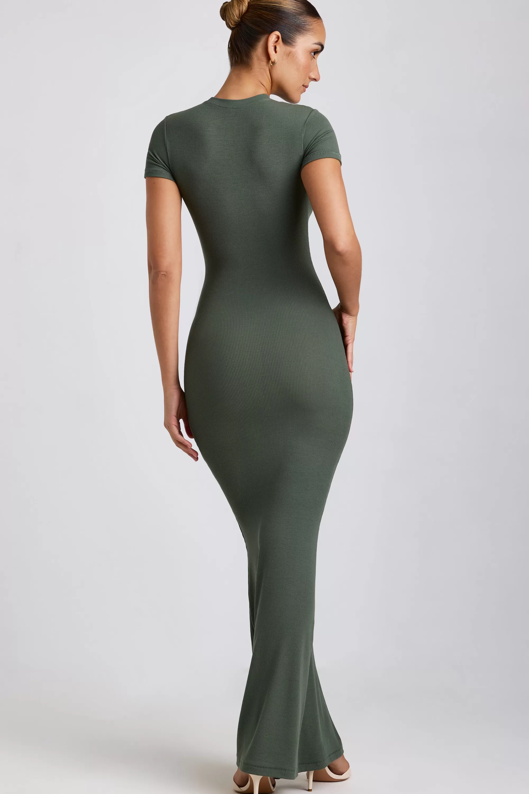 Oh Polly Ribbed Modal Maxi Dress In Khaki Green Store