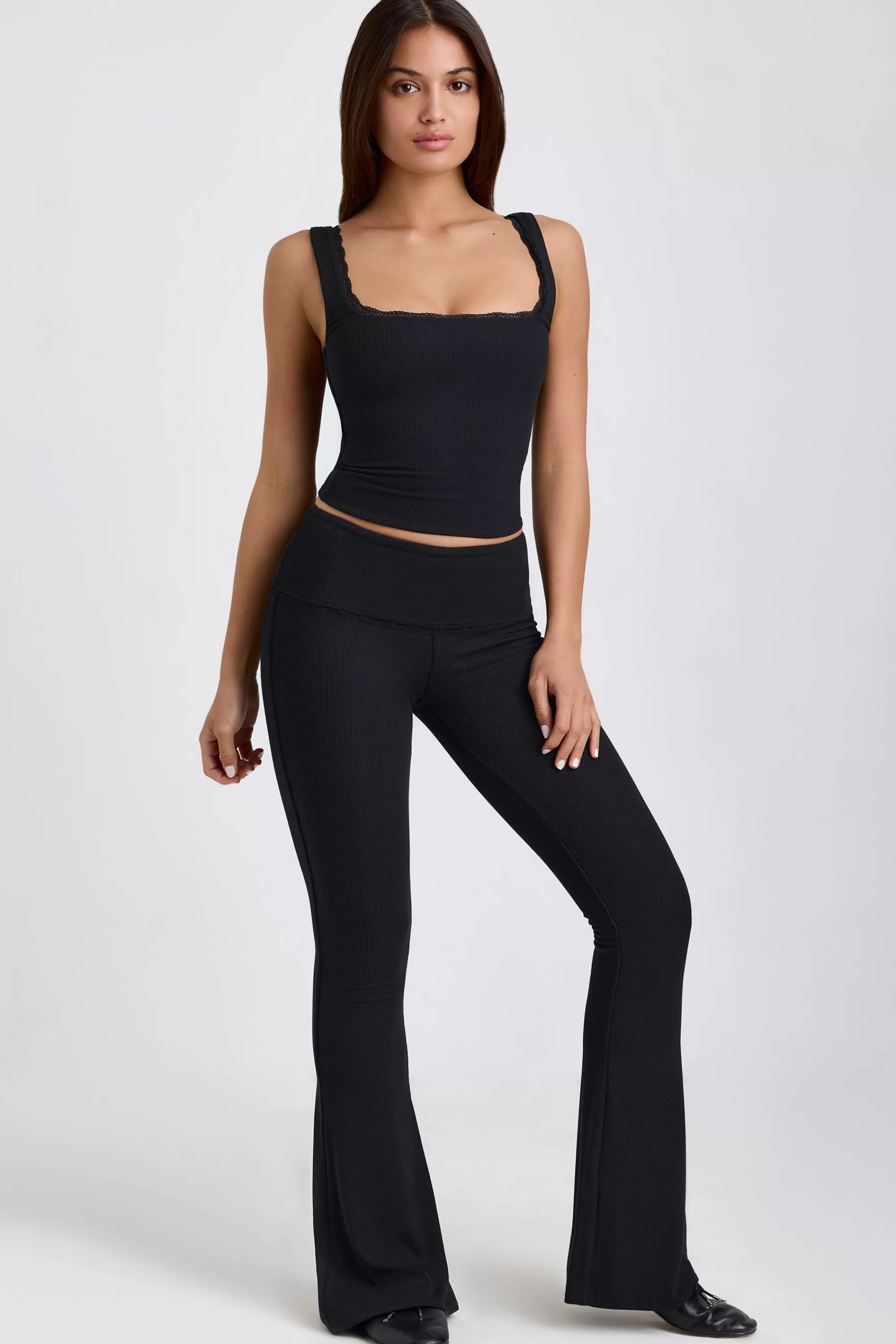 Oh Polly Ribbed Modal Mid-Rise Foldover Flared Trousers In Black Discount