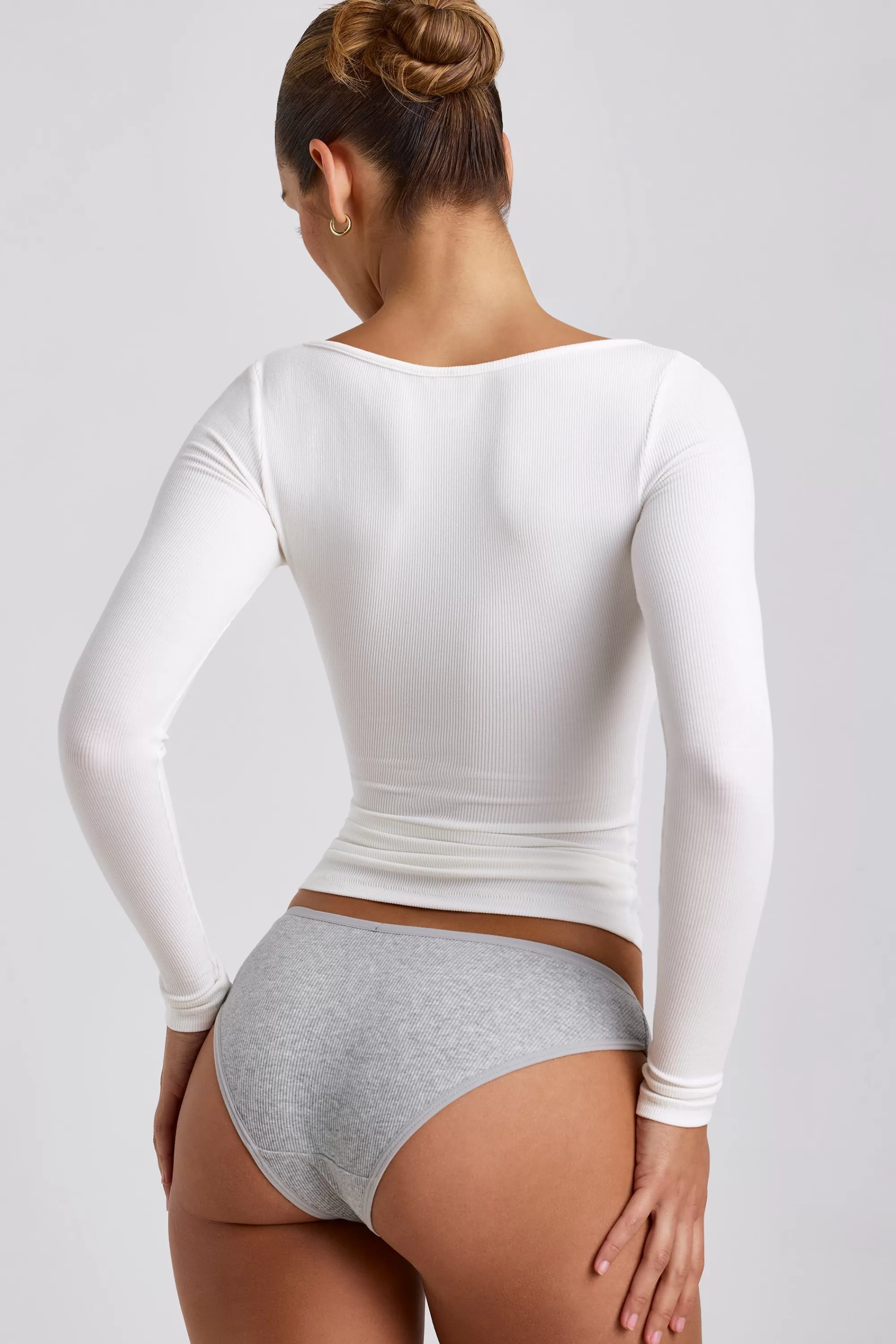 Oh Polly Ribbed Modal Square Neck Long Sleeve Top In White Store