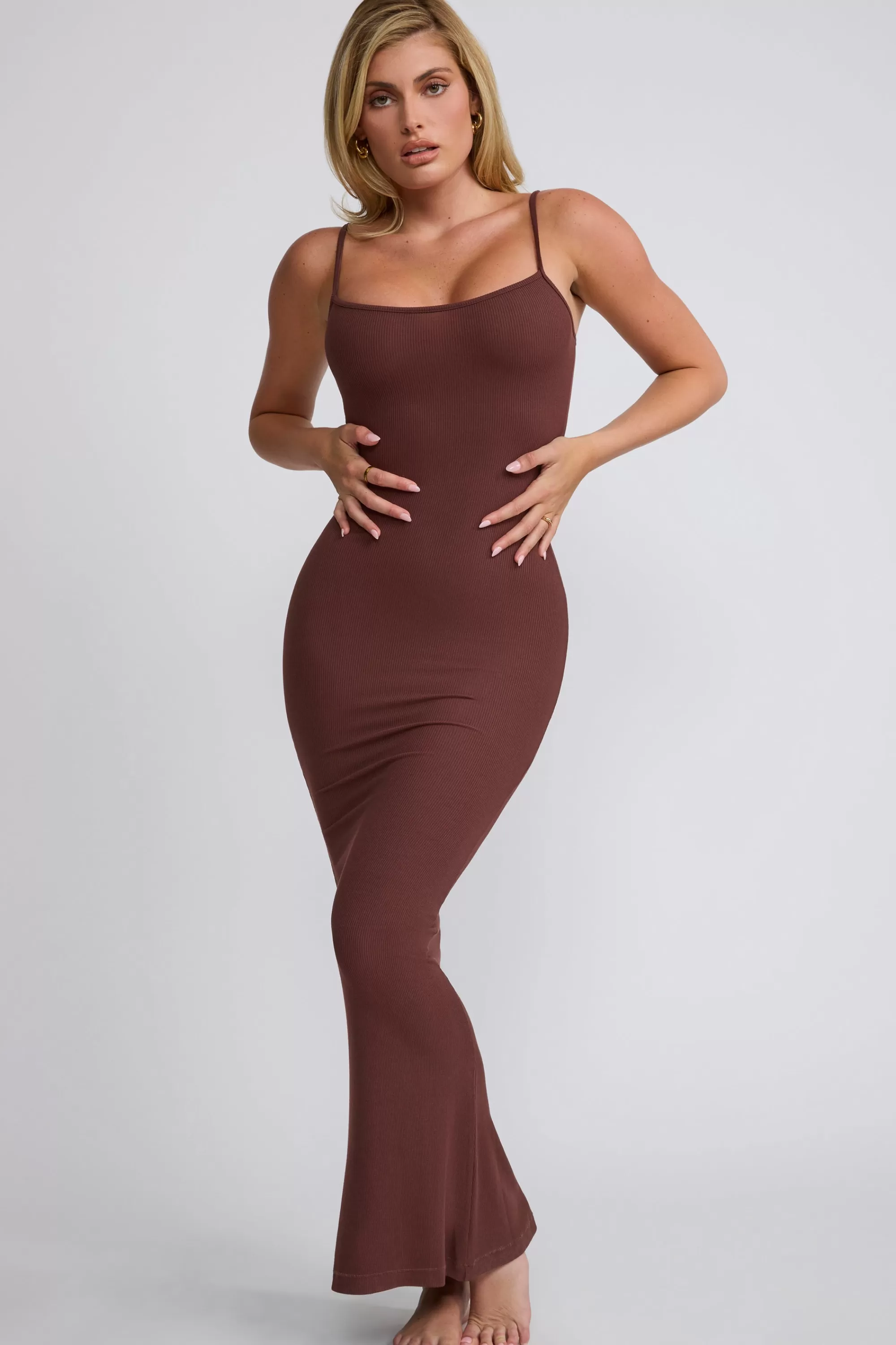 Oh Polly Ribbed Modal Square Neck Maxi Dress In Chocolate Flash Sale