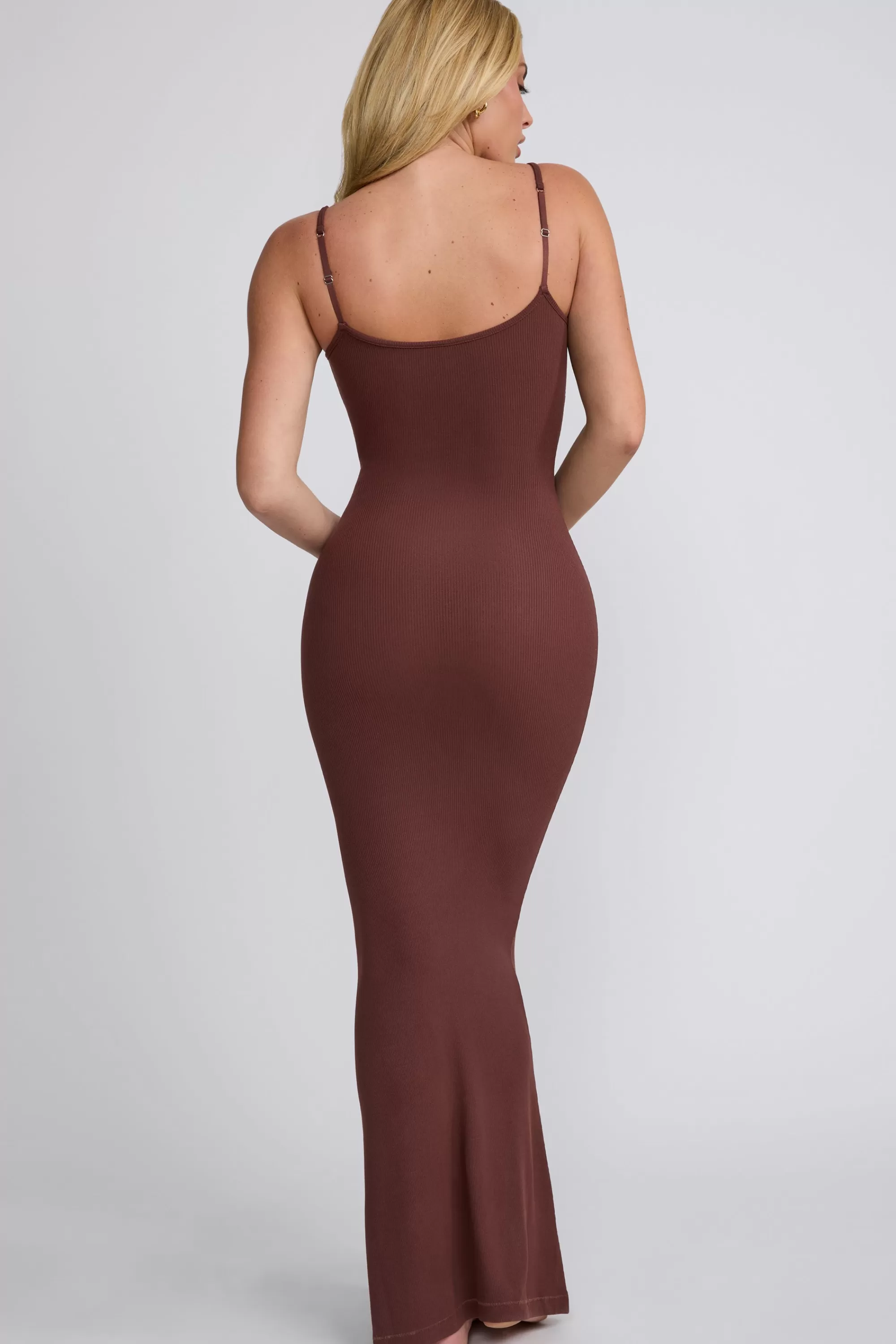 Oh Polly Ribbed Modal Square Neck Maxi Dress In Chocolate Flash Sale