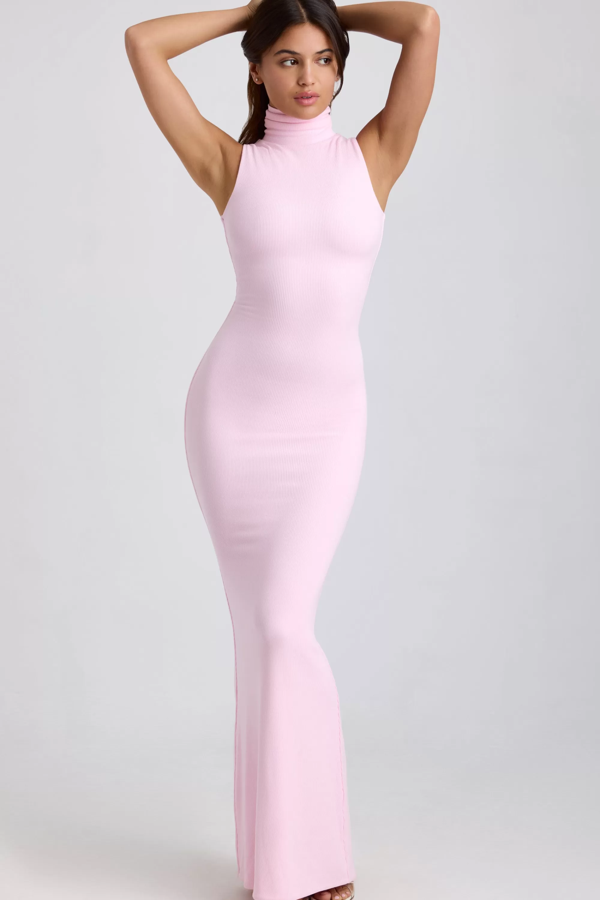 Oh Polly Ribbed Modal Turtleneck Maxi Dress In Blossom Pink Clearance