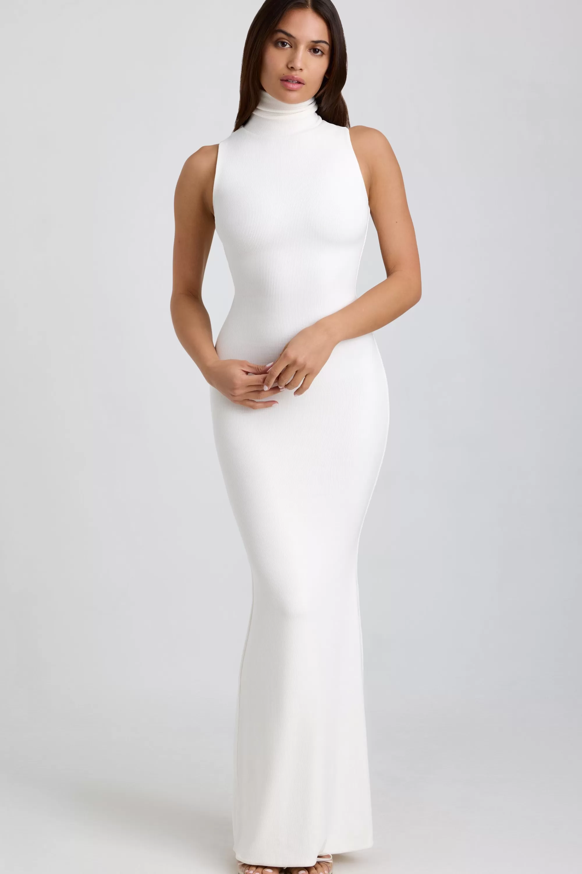 Oh Polly Ribbed Modal Turtleneck Maxi Dress In White Clearance