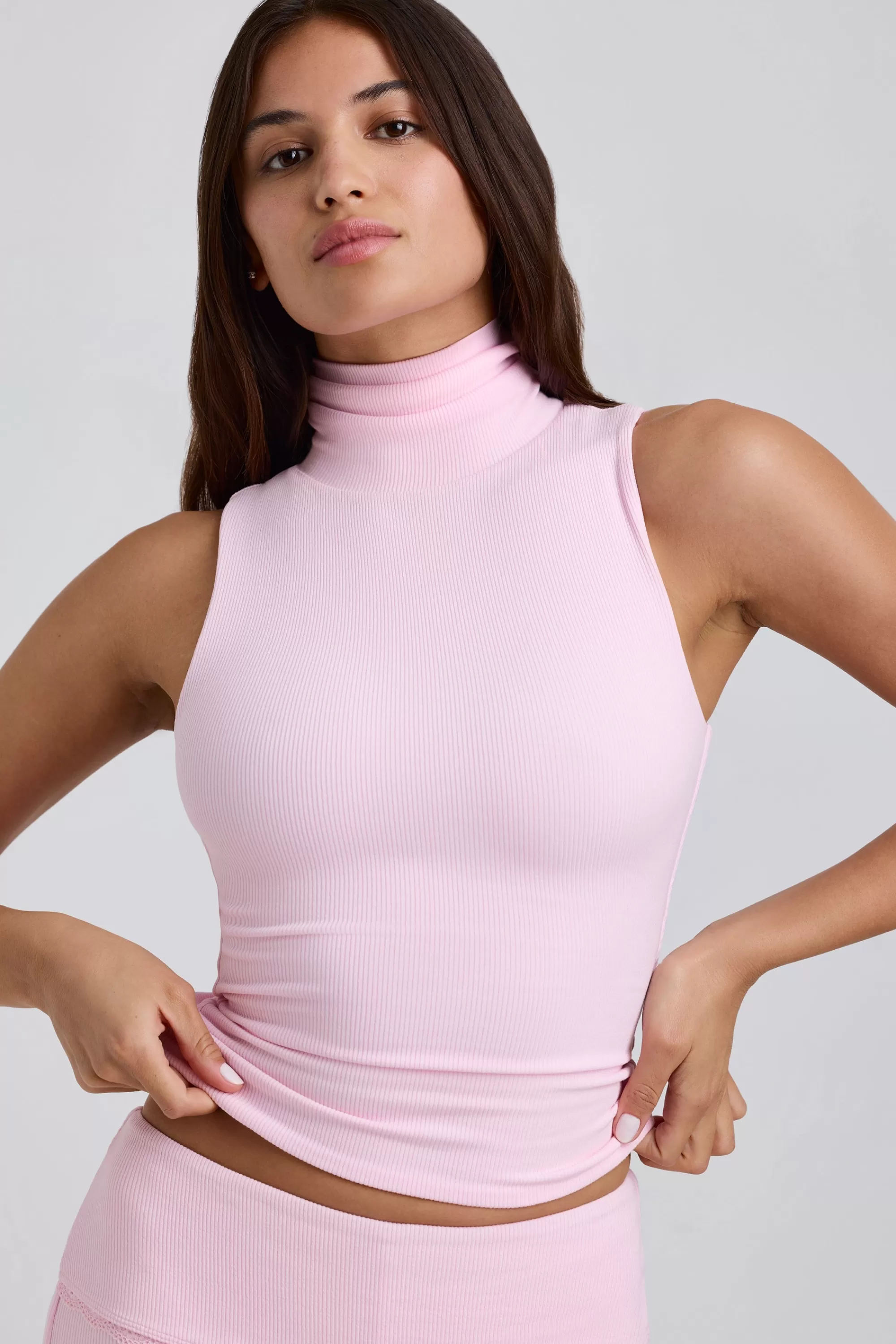 Oh Polly Ribbed Modal Turtleneck Tank Top In Blossom Pink Clearance