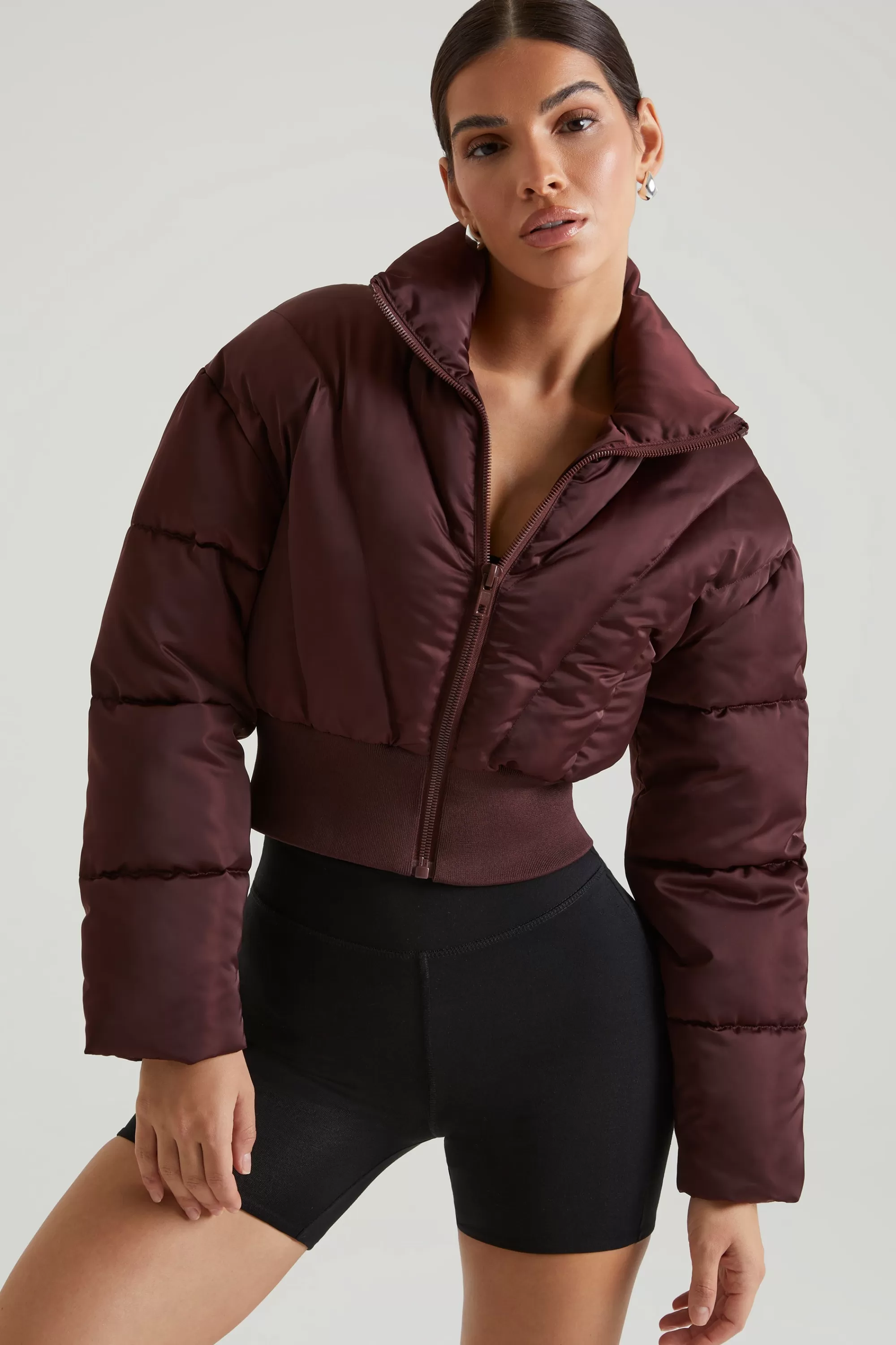 Oh Polly Ribbed Puffer Jacket In Brown Discount