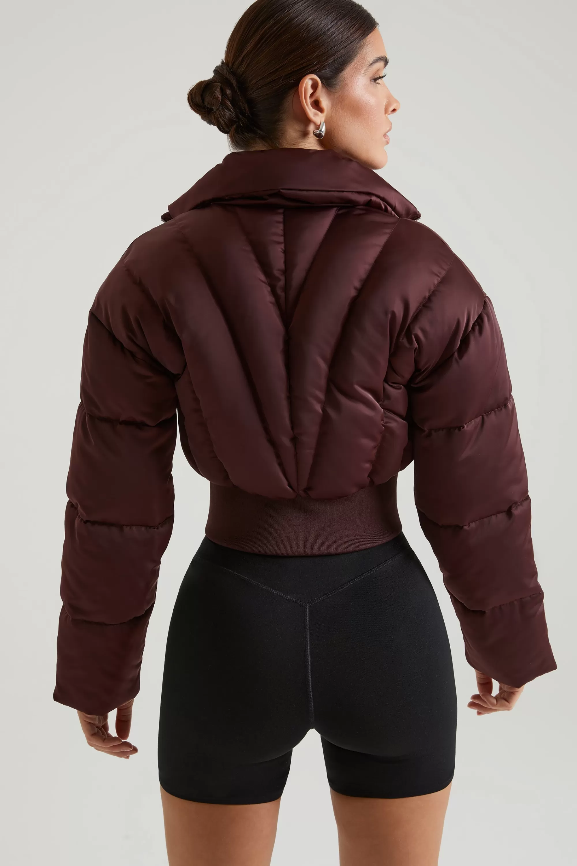 Oh Polly Ribbed Puffer Jacket In Brown Discount