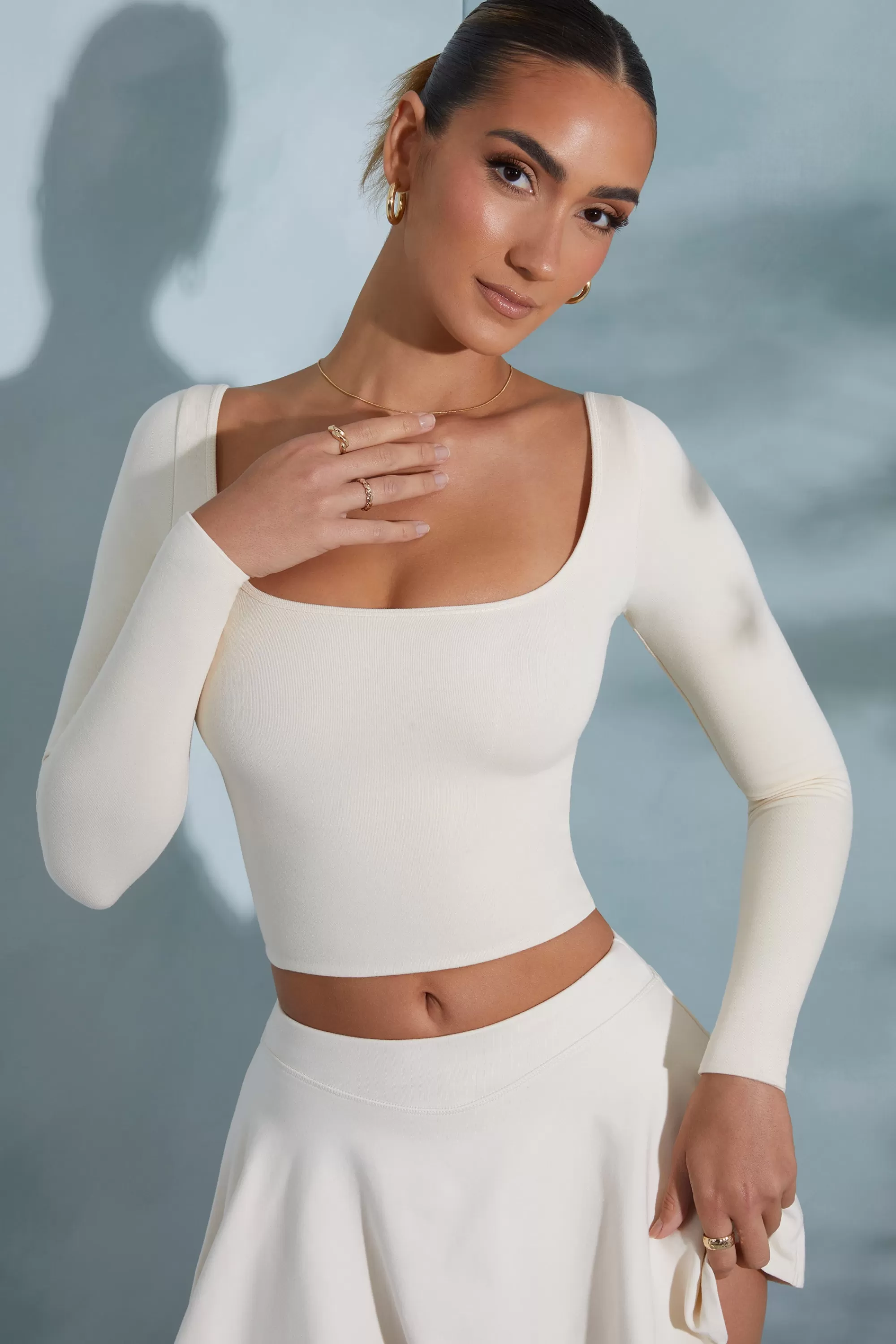 Oh Polly Rounded Square Neck Long Sleeve Top In Ivory Clearance