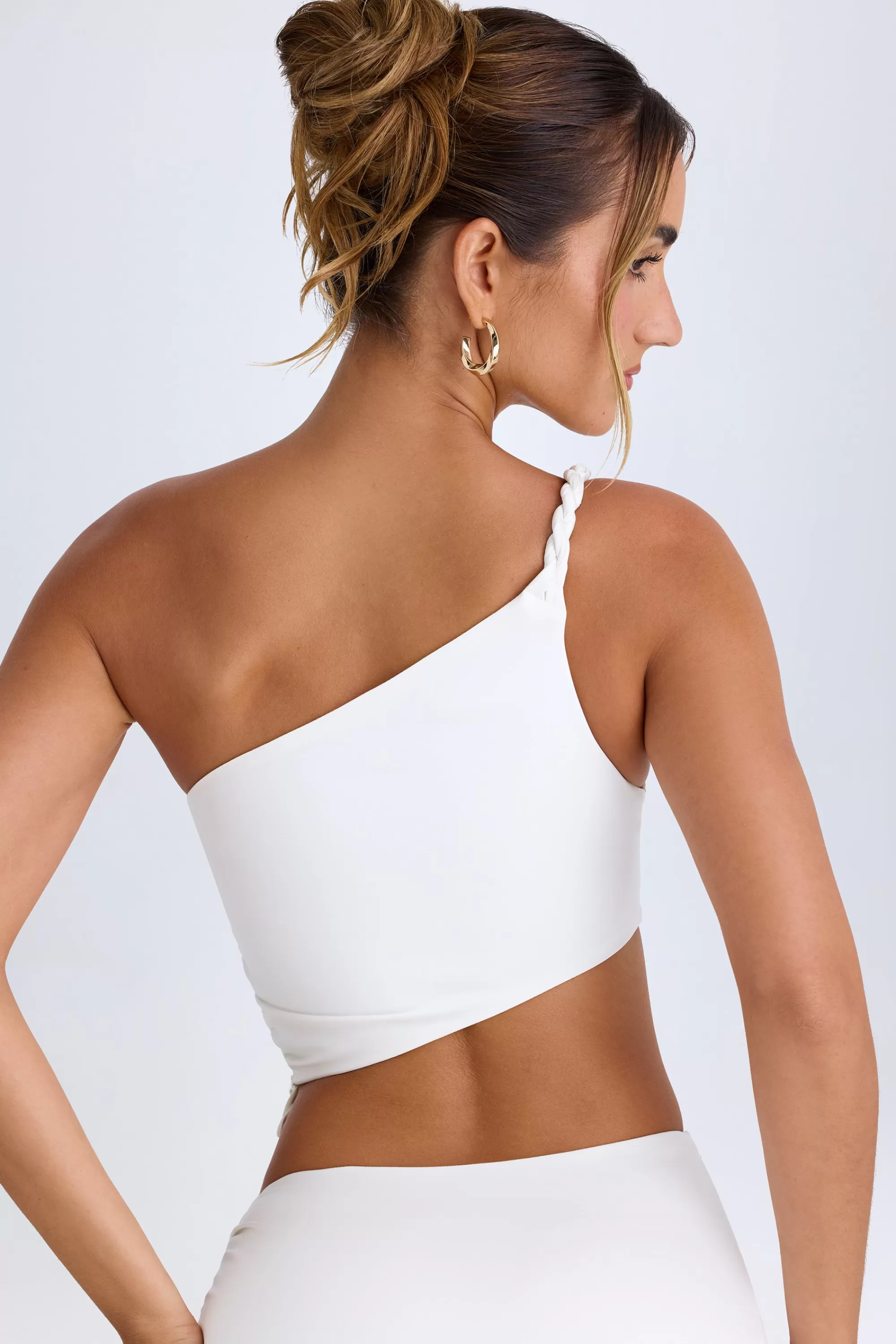 Oh Polly Ruched Asymmetric Crop Top In White Clearance