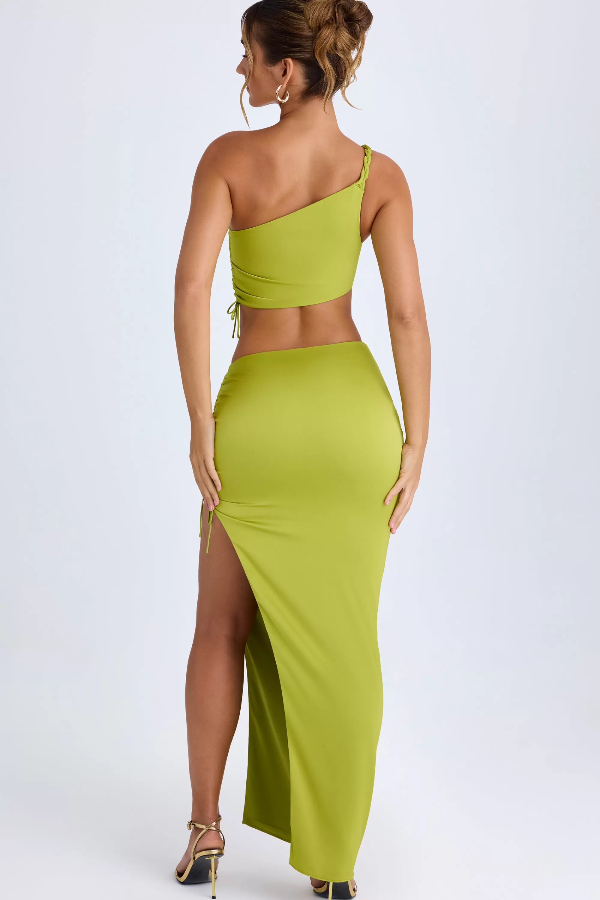 Oh Polly Ruched Asymmetric Maxi Skirt In Pear Green New