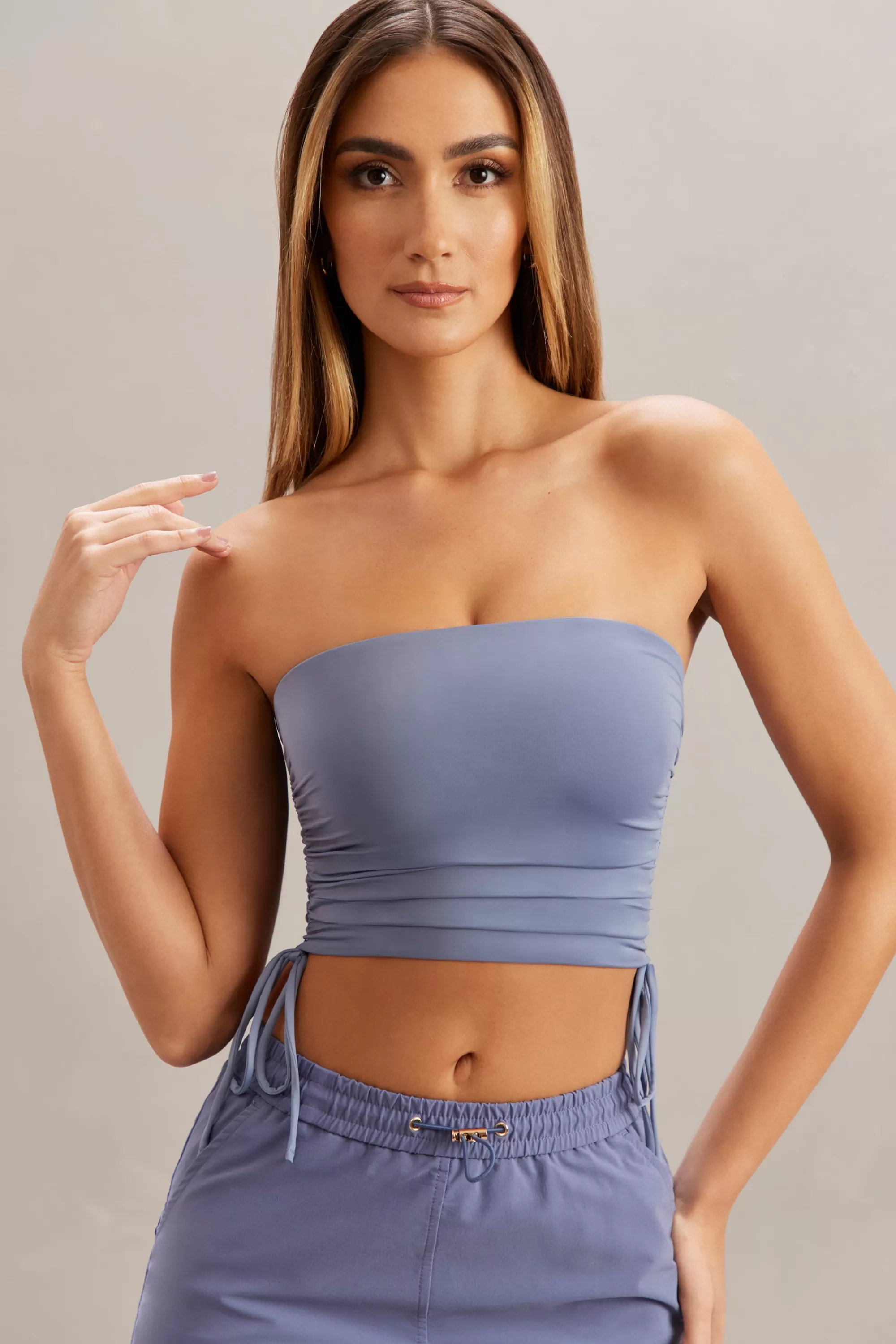 Oh Polly Ruched Bandeau Crop Top In Blue Shop