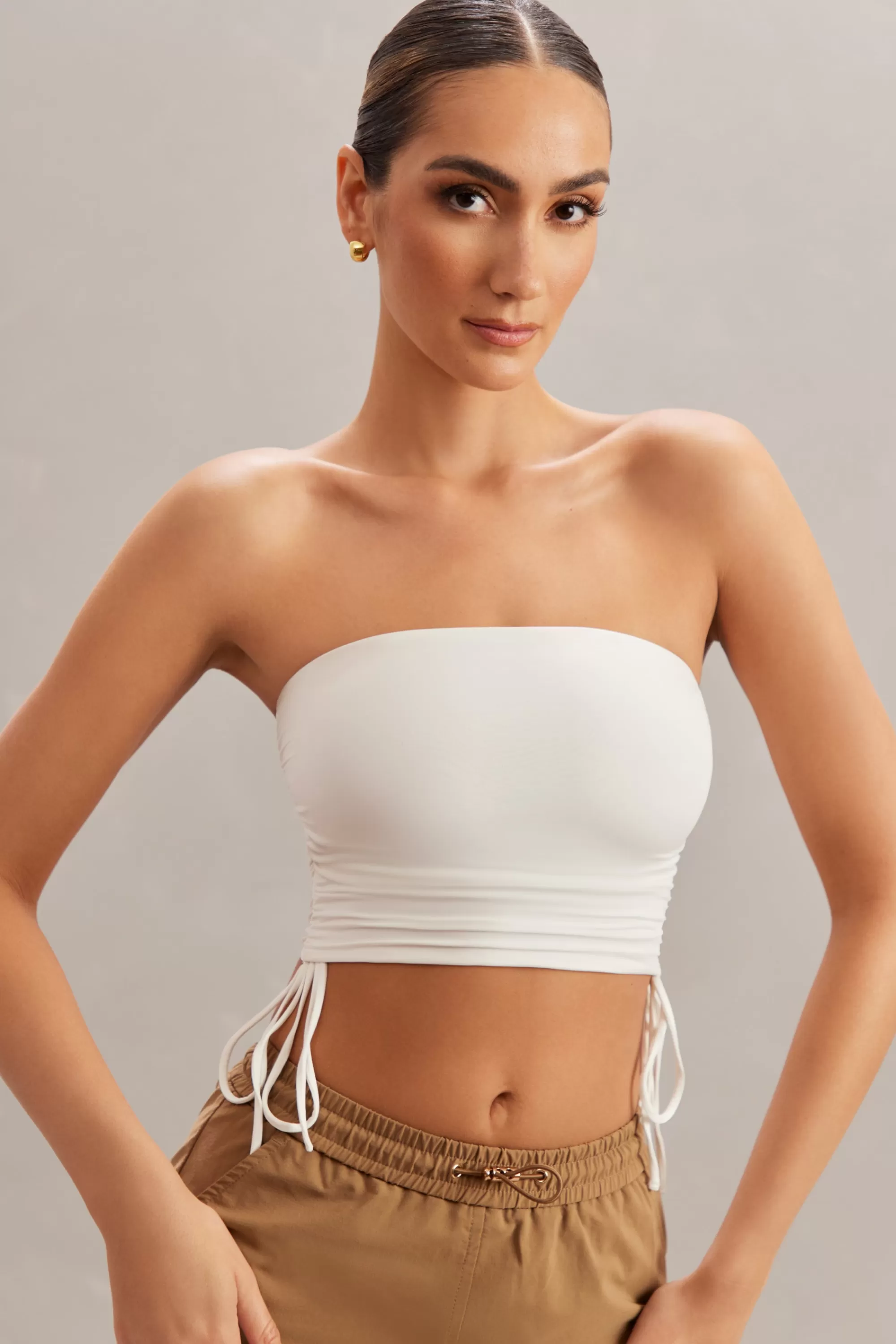 Oh Polly Ruched Bandeau Crop Top In Ivory Cheap