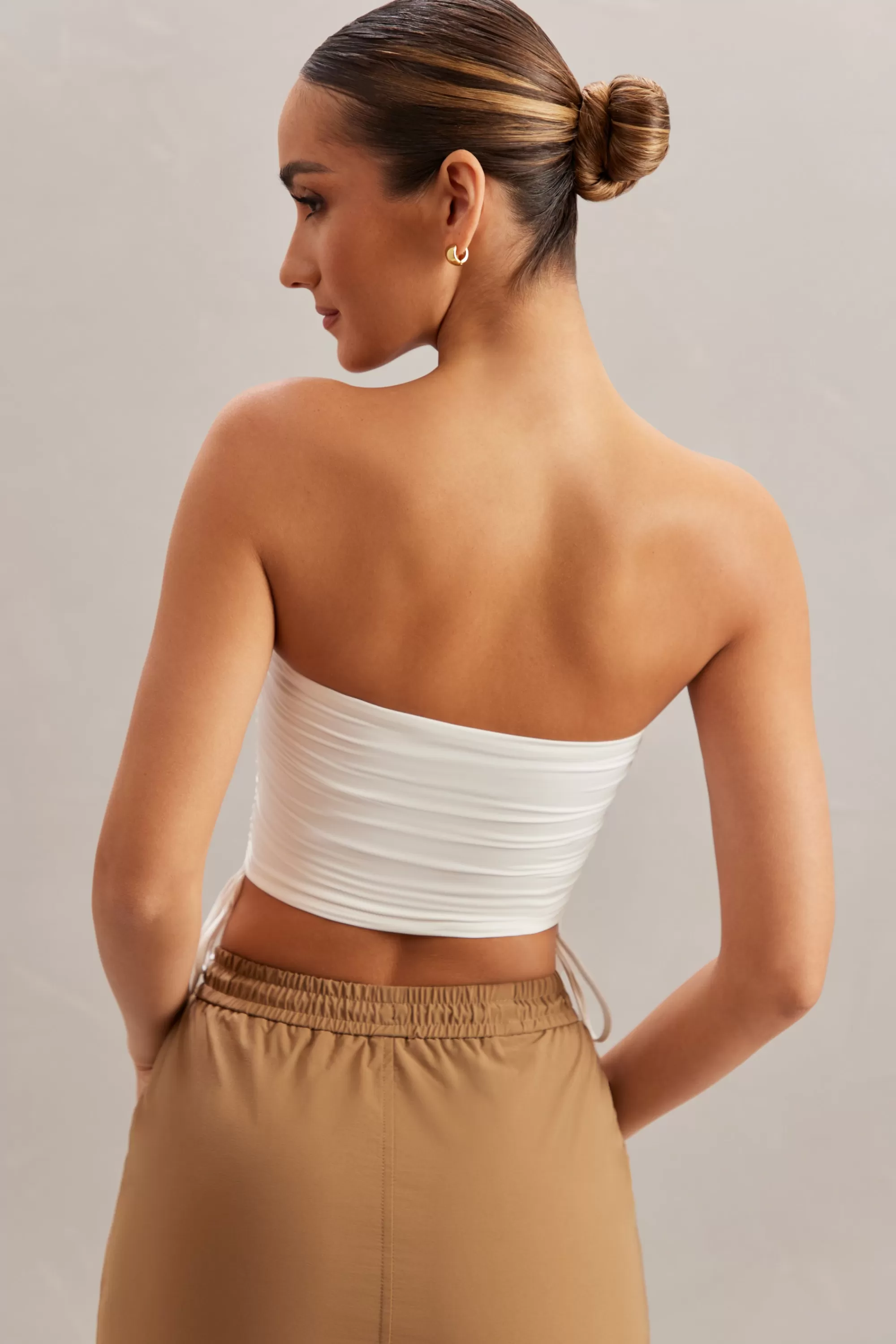 Oh Polly Ruched Bandeau Crop Top In Ivory Cheap