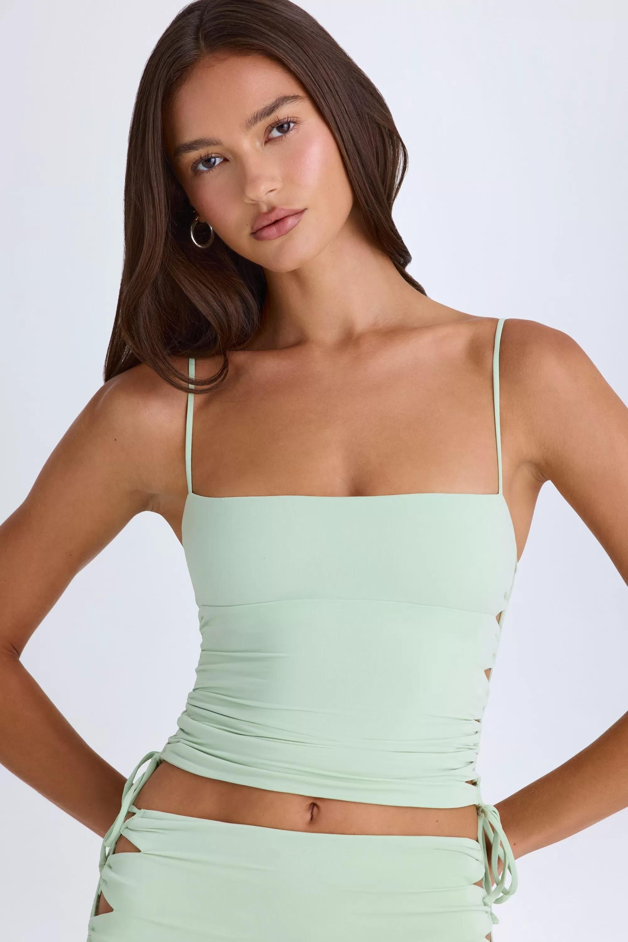 Oh Polly Ruched Cut-Out Top In Green Sale