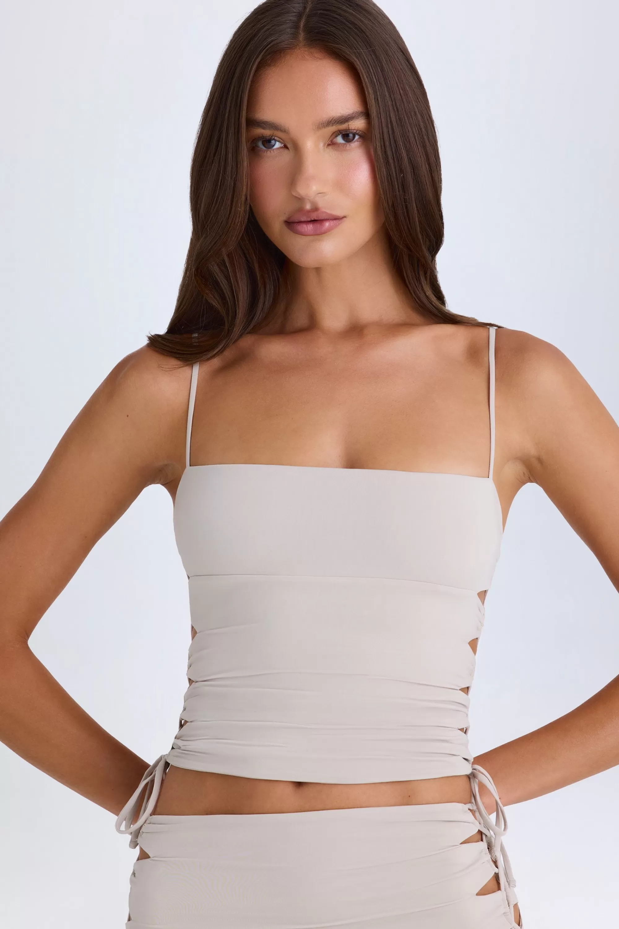 Oh Polly Ruched Cut-Out Top In Taupe Cheap