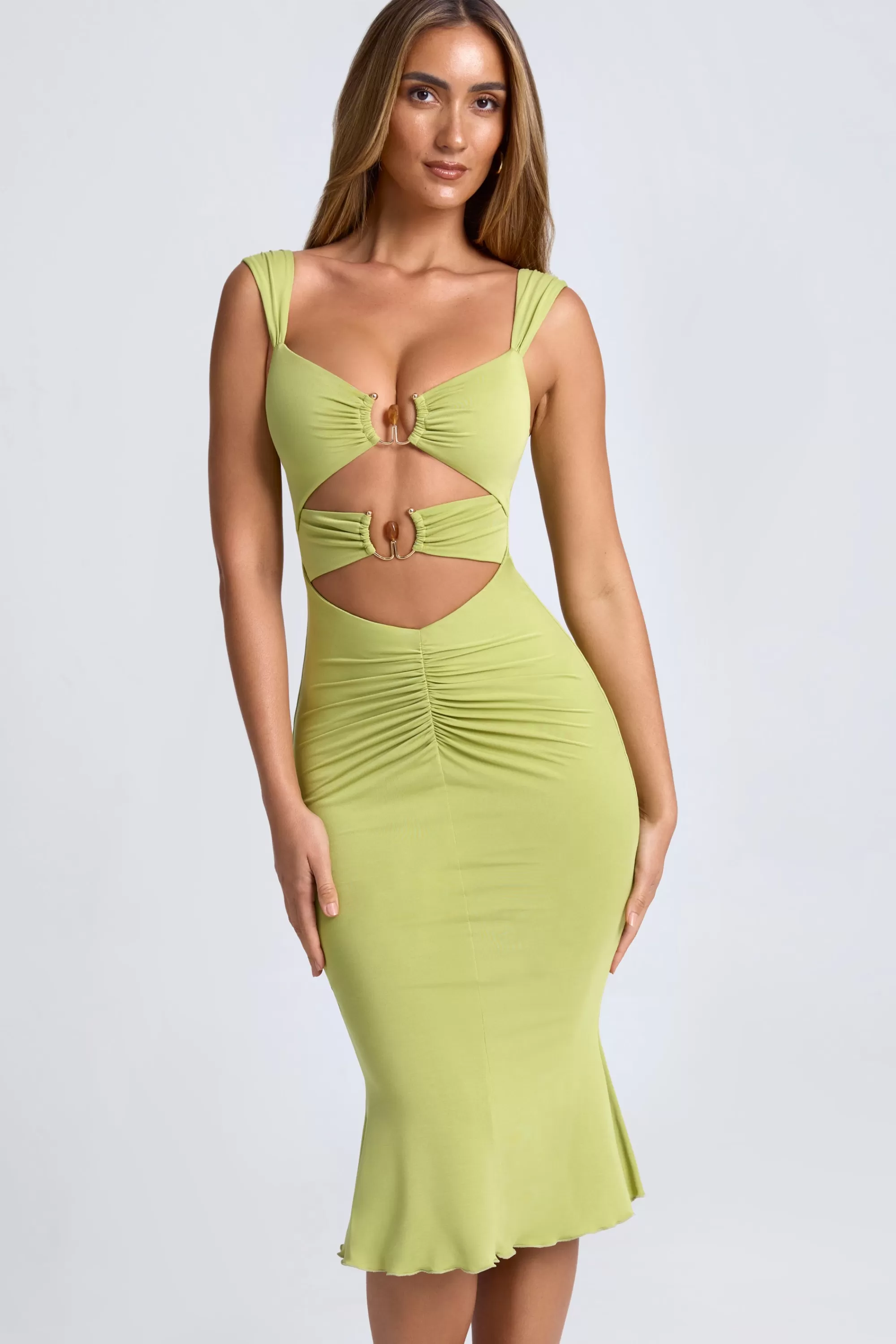 Oh Polly Ruched Hardware Detail Cut-Out Midaxi Dress In Olive Green Sale