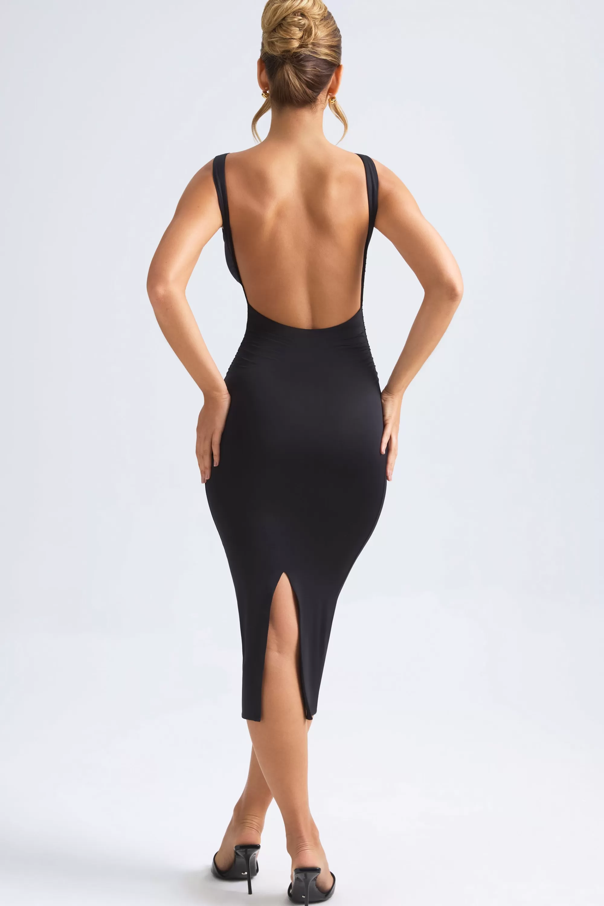 Oh Polly Ruched Open-Back Midaxi Dress In Black Hot