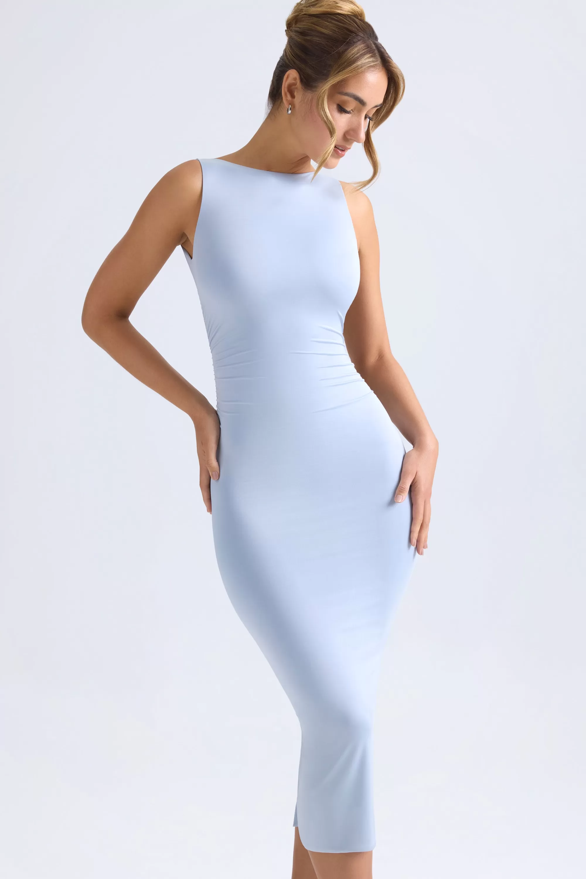 Oh Polly Ruched Open-Back Midaxi Dress In Light Blue Hot