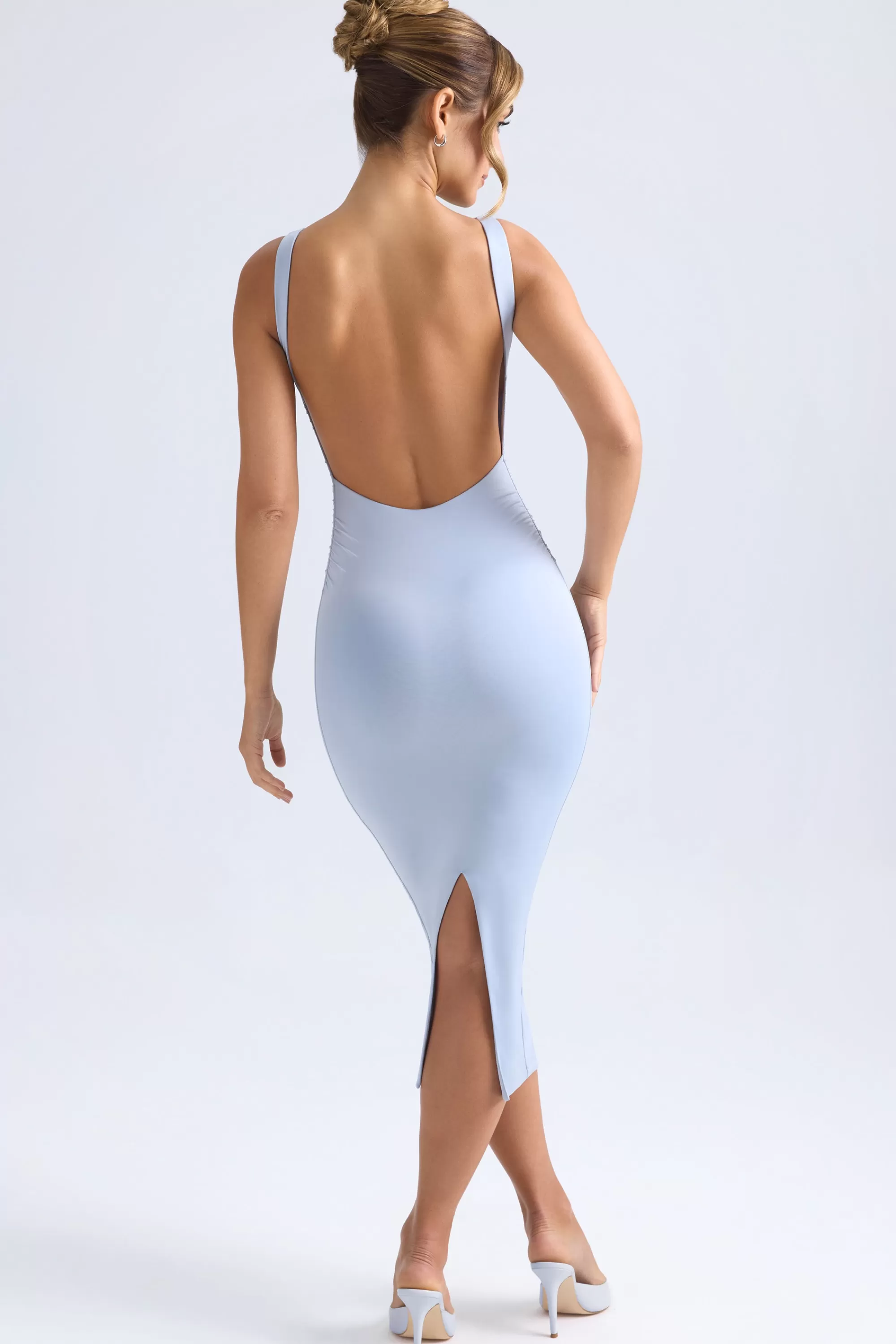 Oh Polly Ruched Open-Back Midaxi Dress In Light Blue Hot