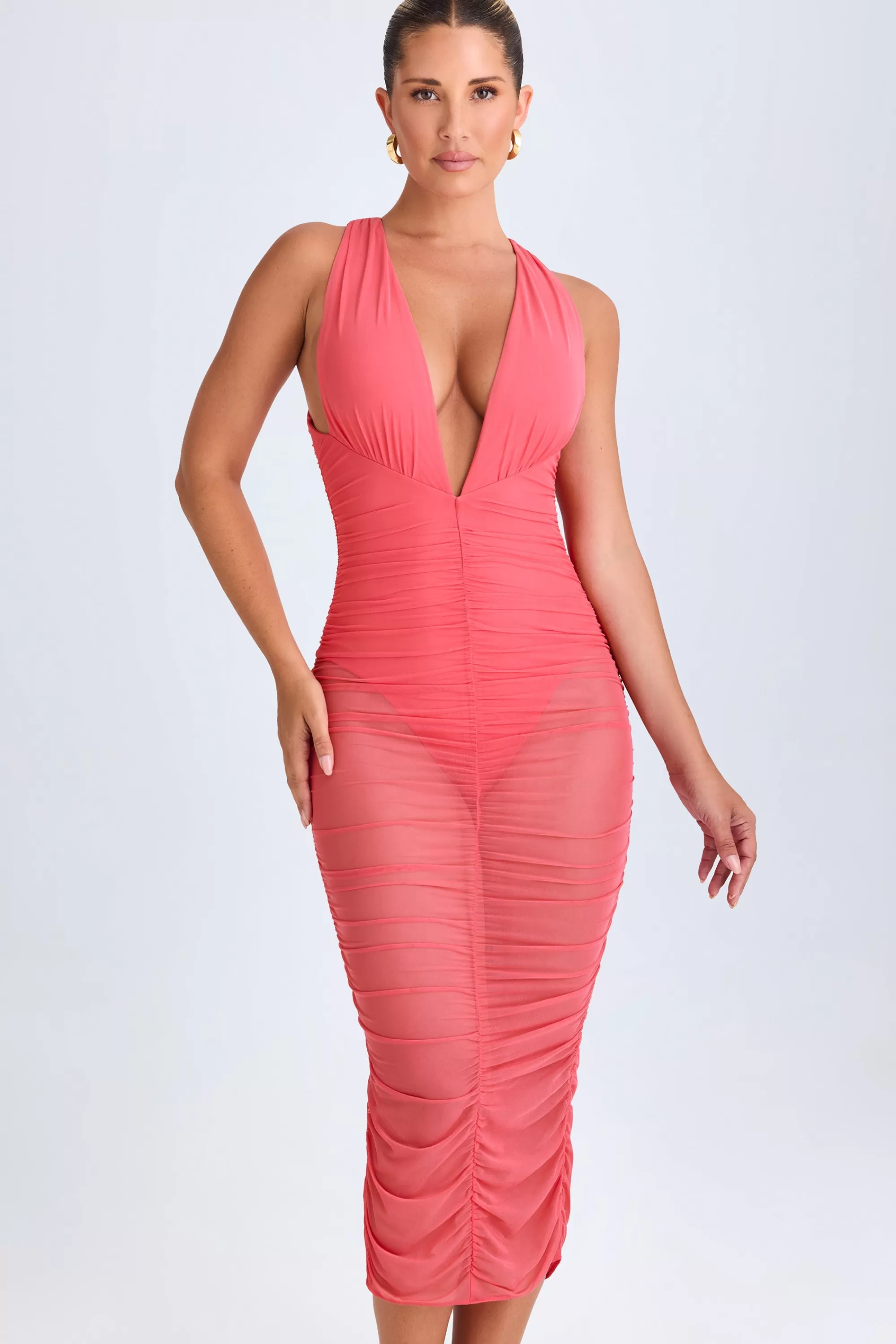 Oh Polly Ruched Plunge Midaxi Dress In Coral Fashion