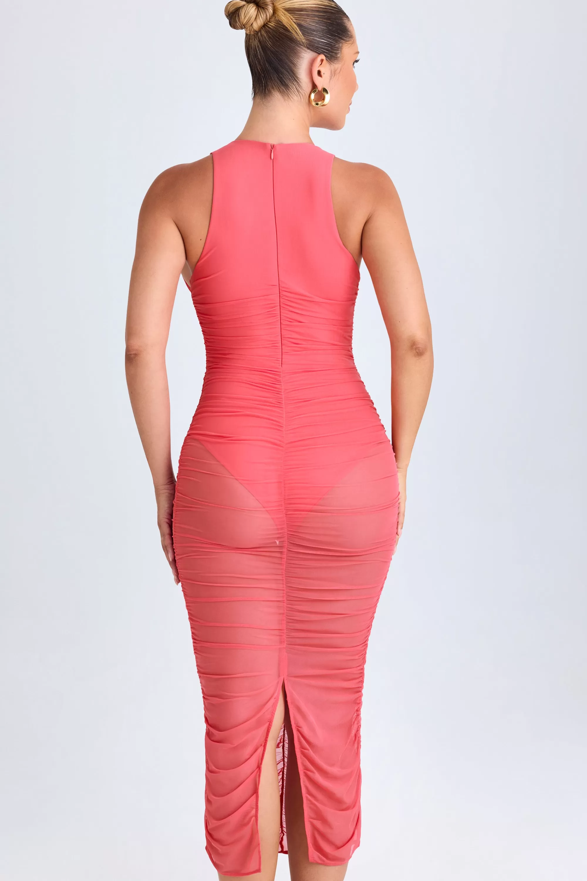 Oh Polly Ruched Plunge Midaxi Dress In Coral Fashion