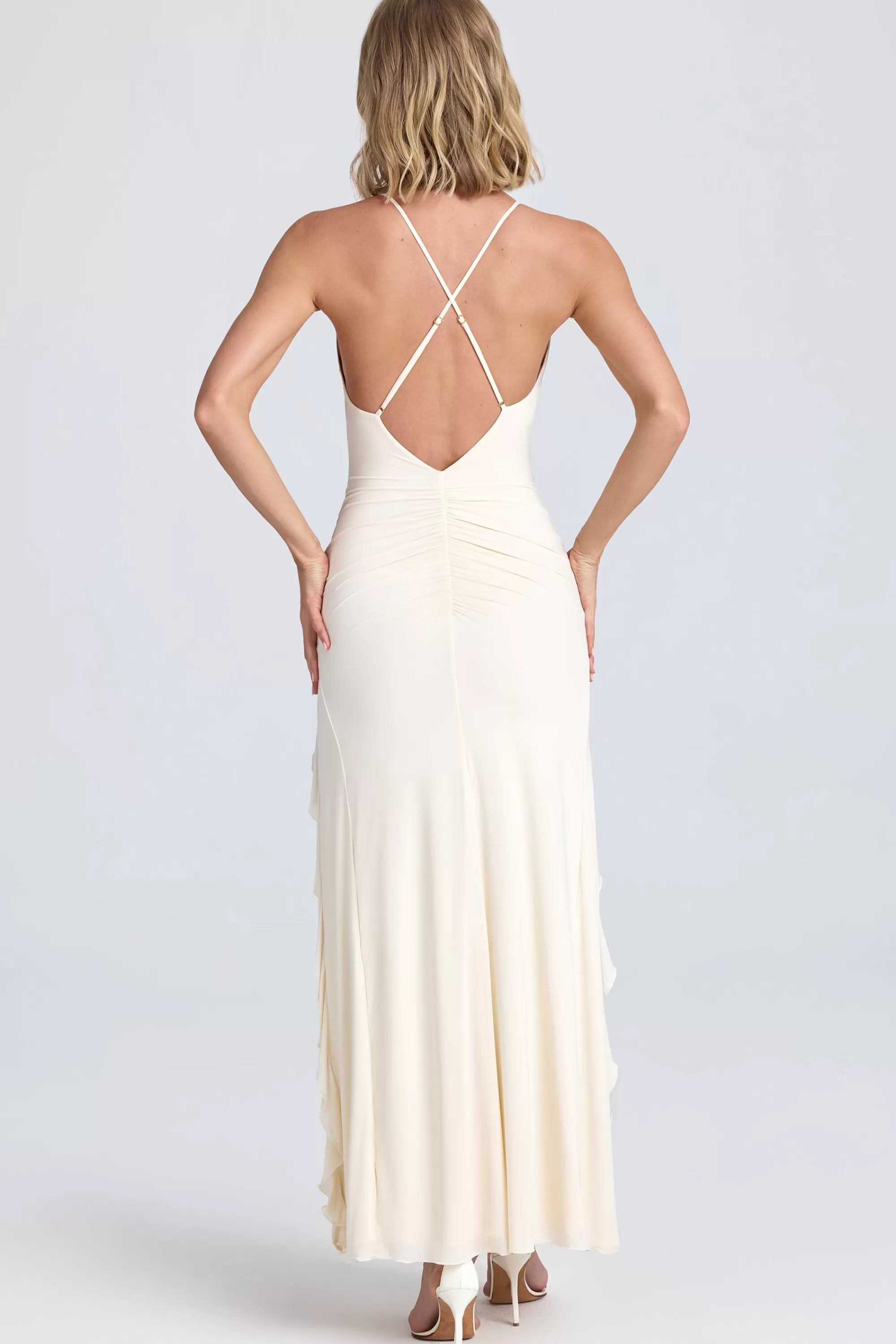 Oh Polly Ruched Ruffle-Trim Maxi Dress In Ivory Hot