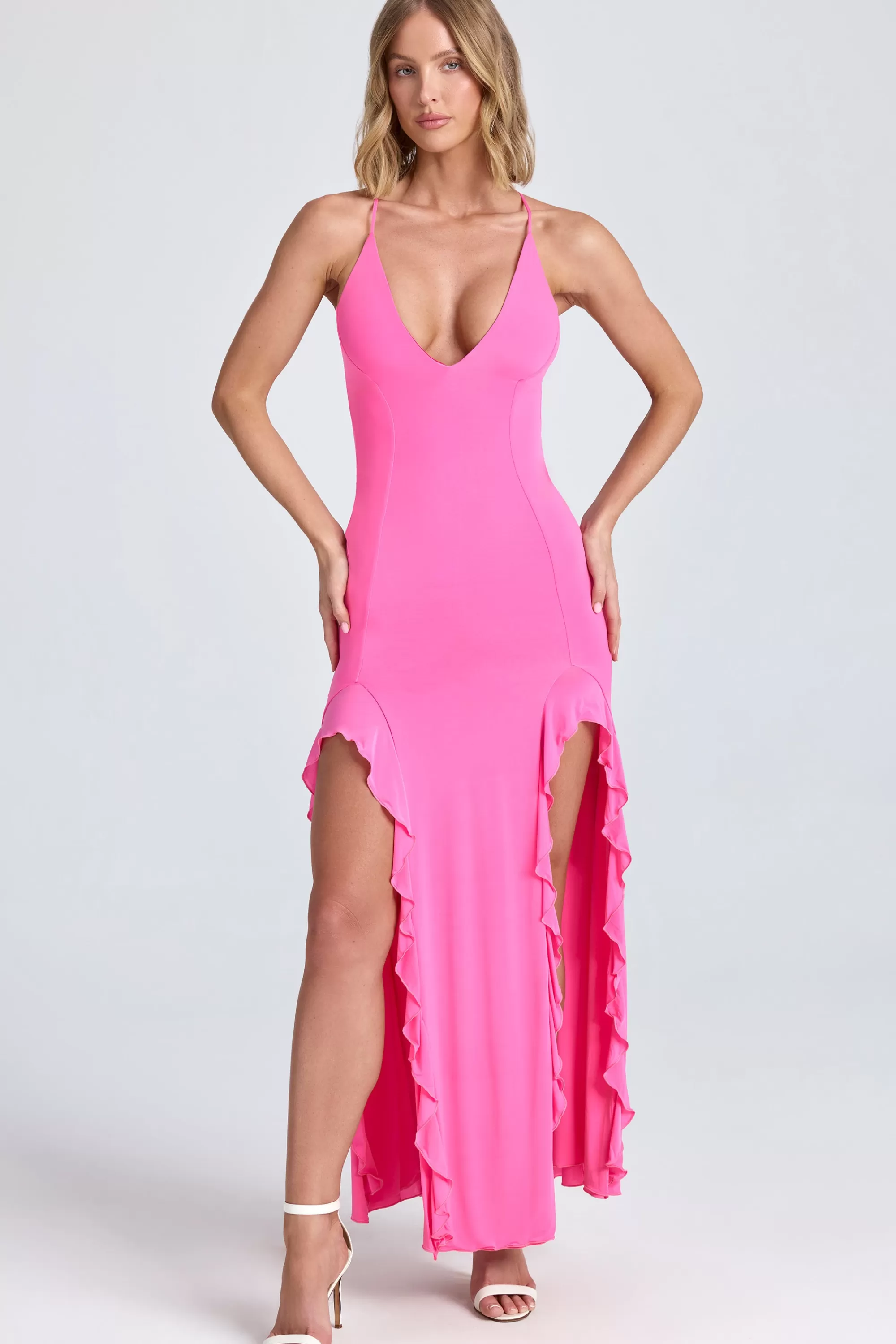 Oh Polly Ruched Ruffle-Trim Maxi Dress In Lollipop Pink Hot