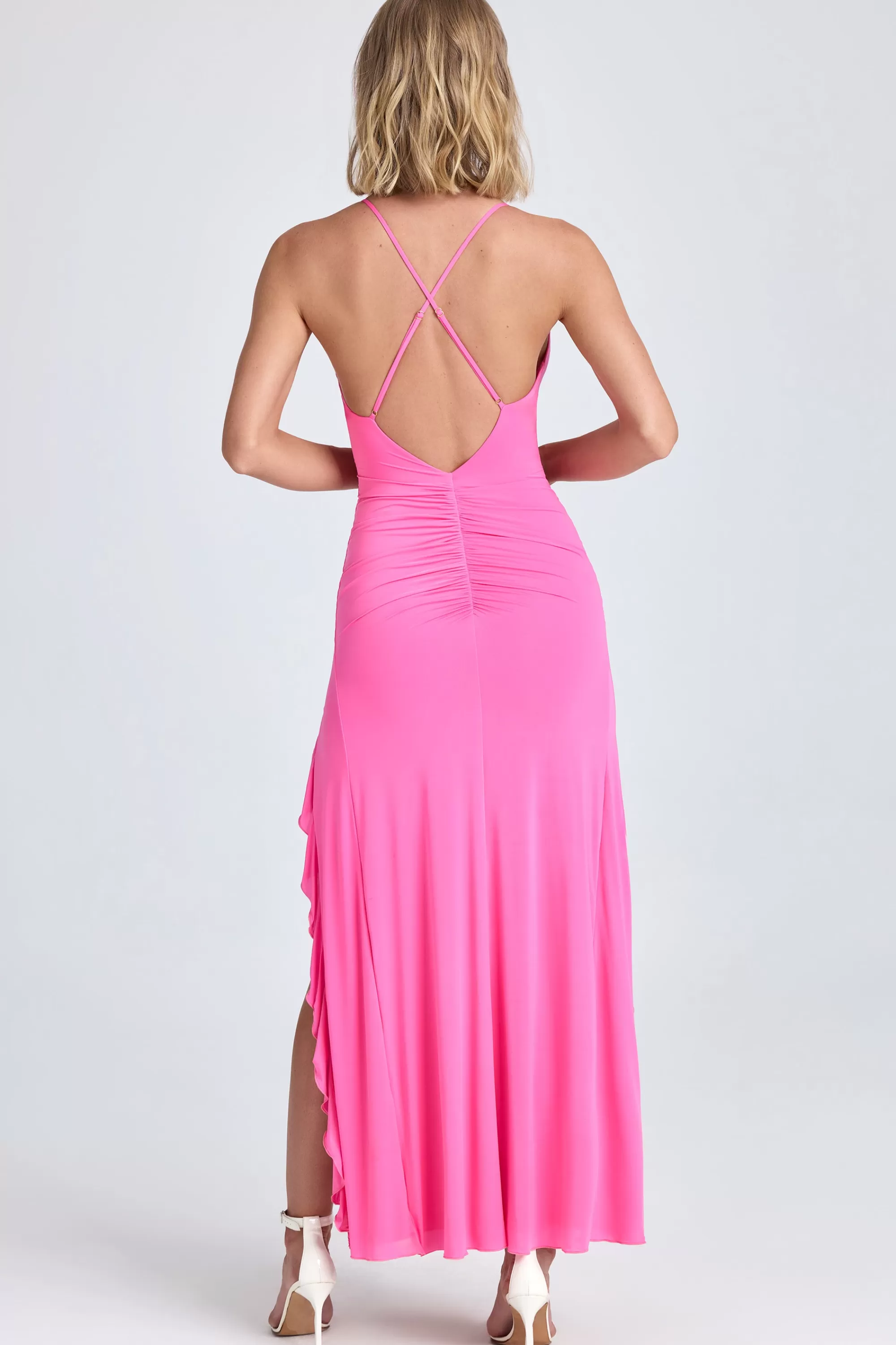 Oh Polly Ruched Ruffle-Trim Maxi Dress In Lollipop Pink Hot