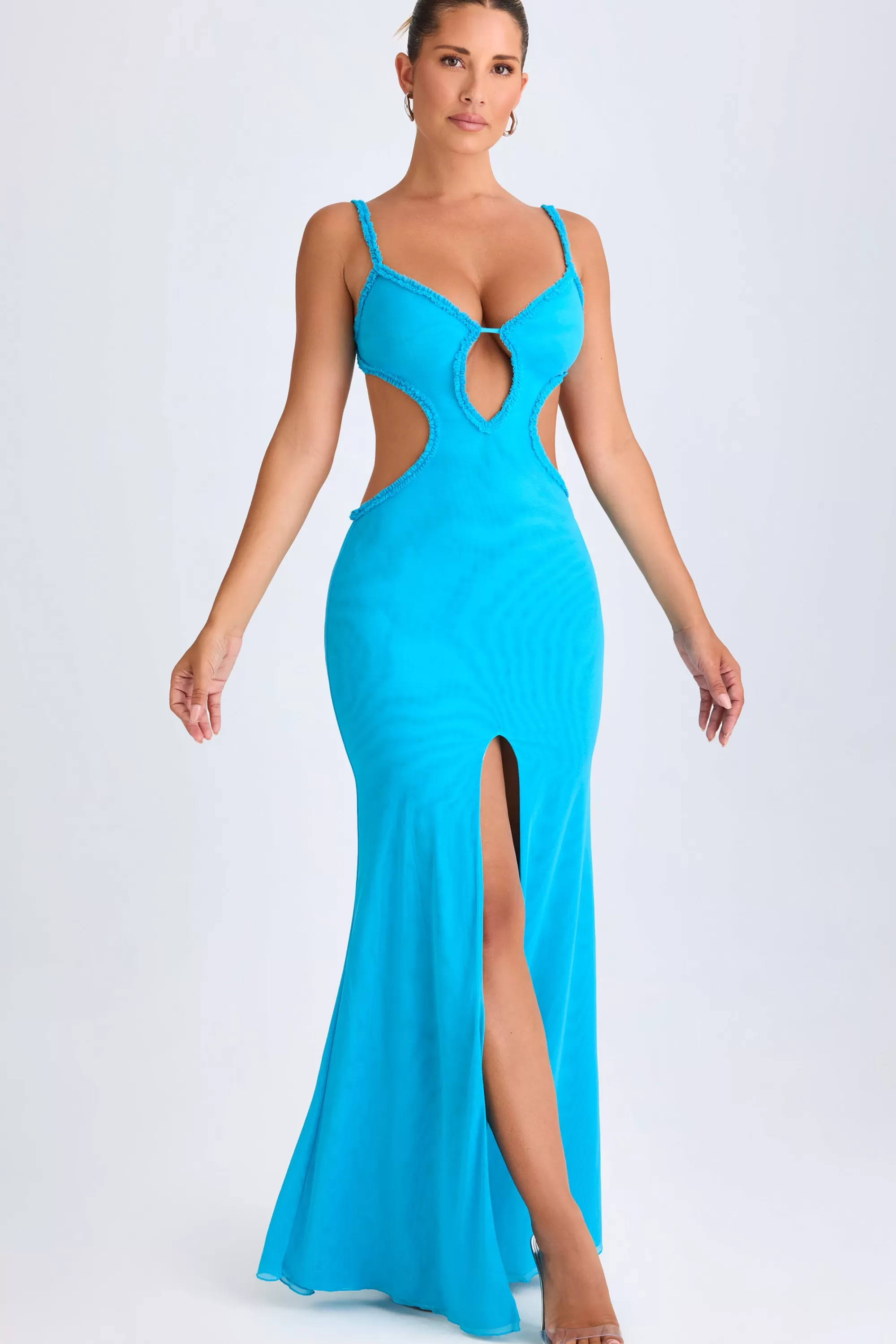 Oh Polly Ruffle-Appliqué Cut-Out Maxi Dress In Aqua Blue Store