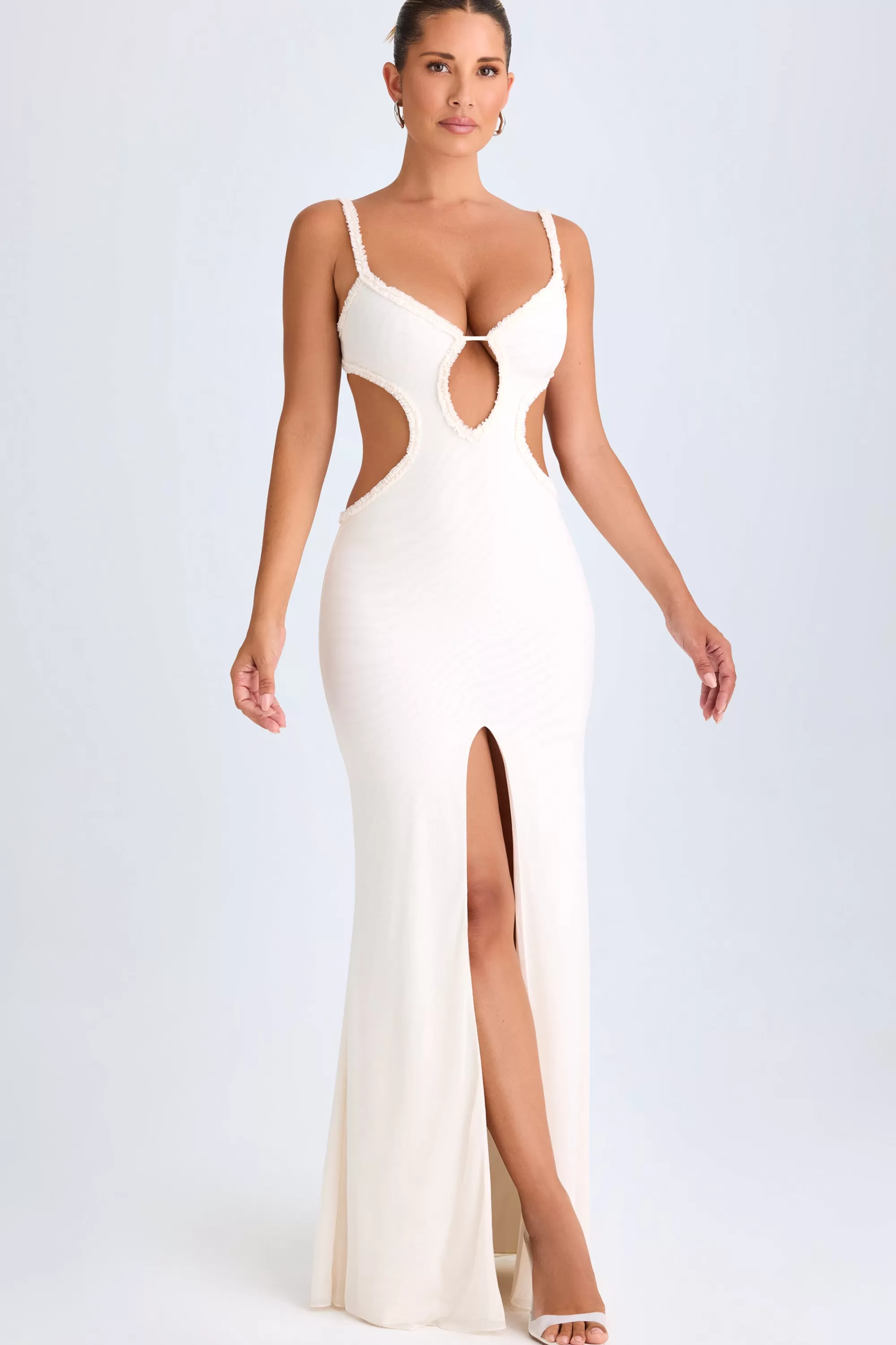 Oh Polly Ruffle-Appliqué Cut-Out Maxi Dress In White Discount