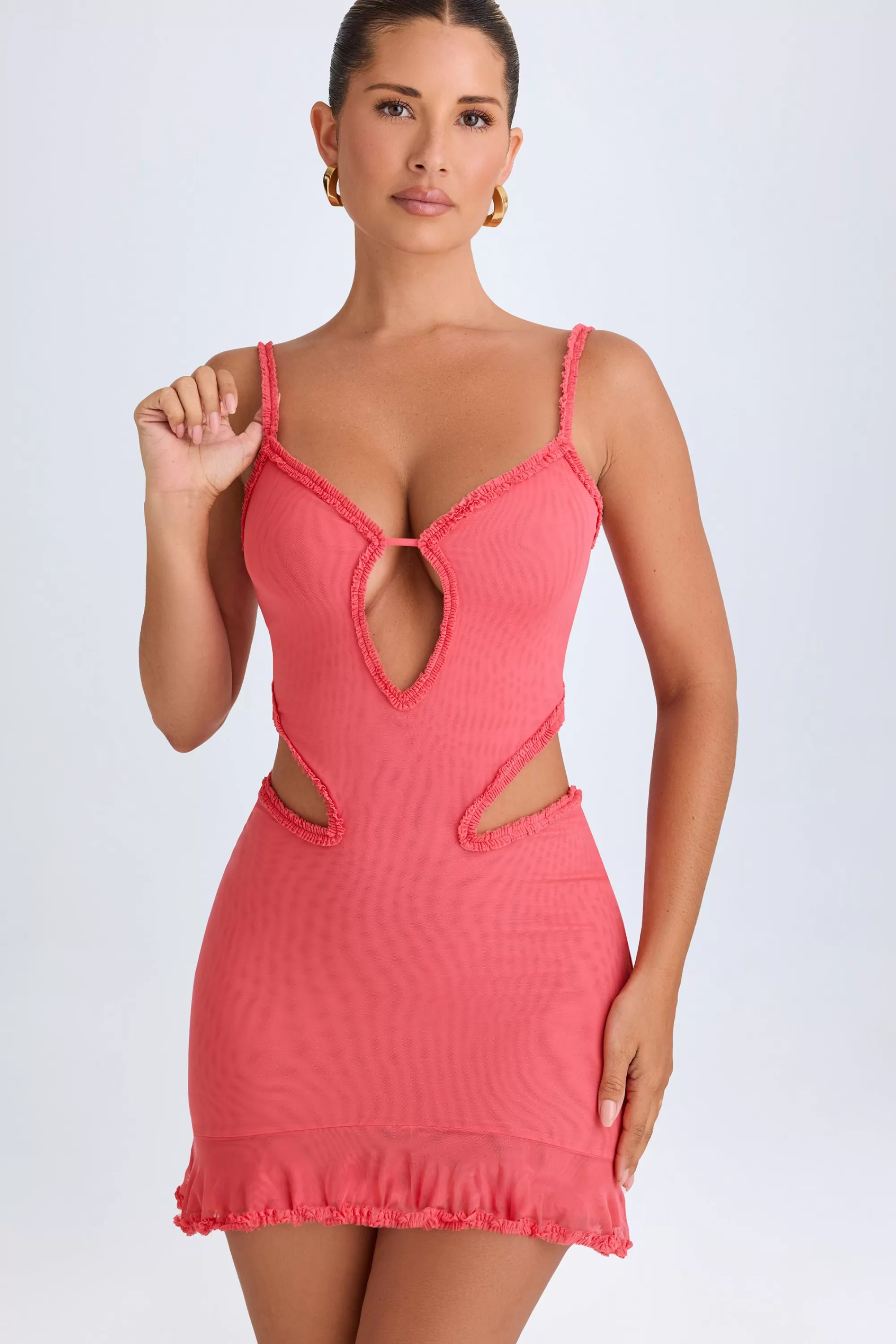 Oh Polly Ruffle-Appliqué Cut-Out Mini Dress In Coral Online