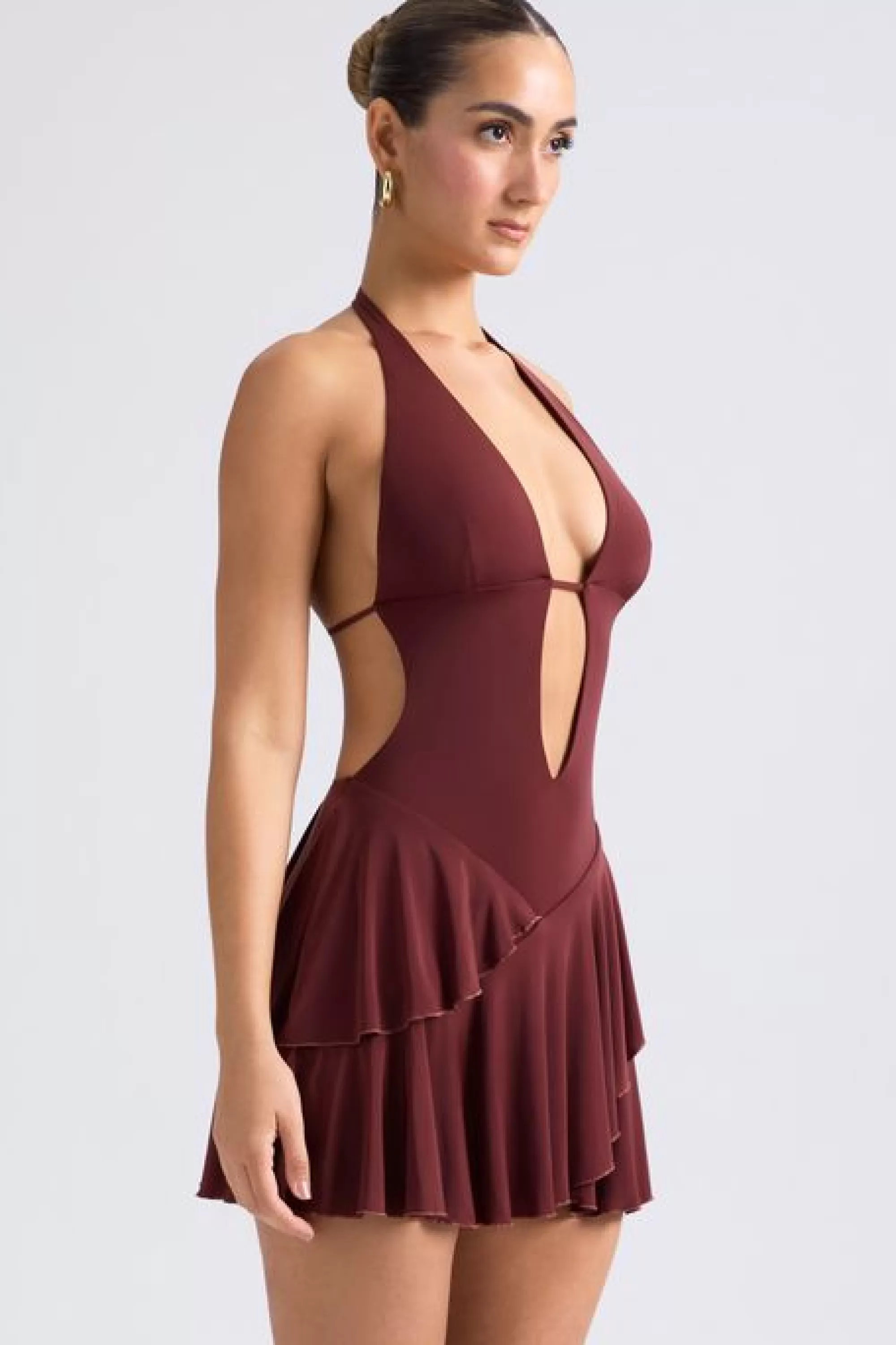 Oh Polly Ruffled Cut-Out Halterneck Mini Dress In Chestnut Brown Hot