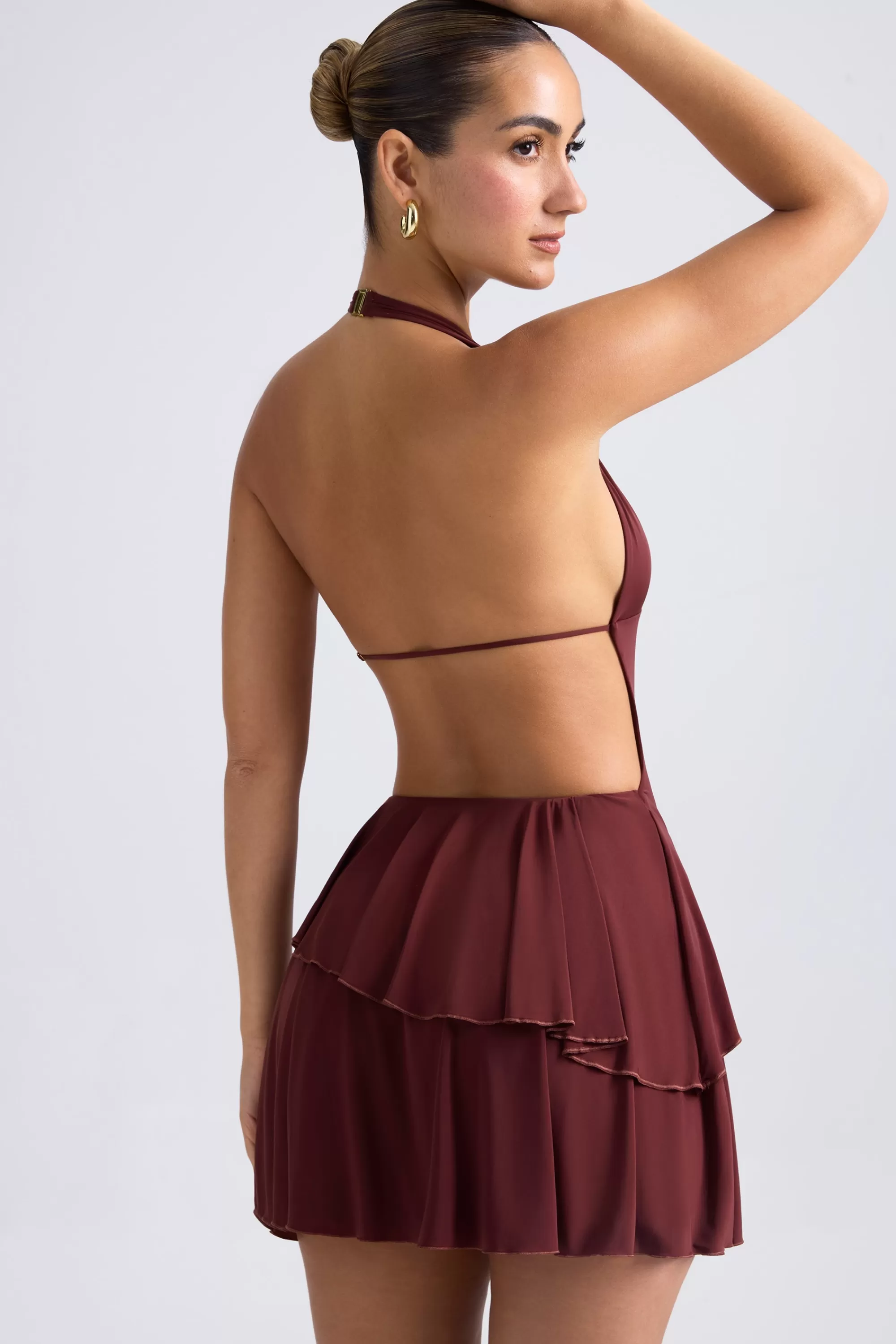 Oh Polly Ruffled Cut-Out Halterneck Mini Dress In Chestnut Brown Hot