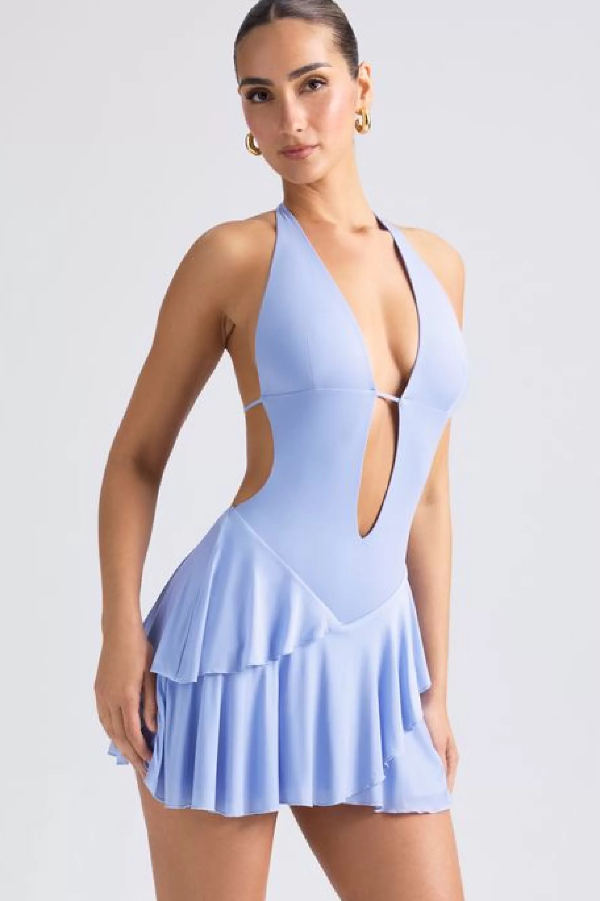 Oh Polly Ruffled Cut-Out Halterneck Mini Dress In Periwinkle Blue Discount