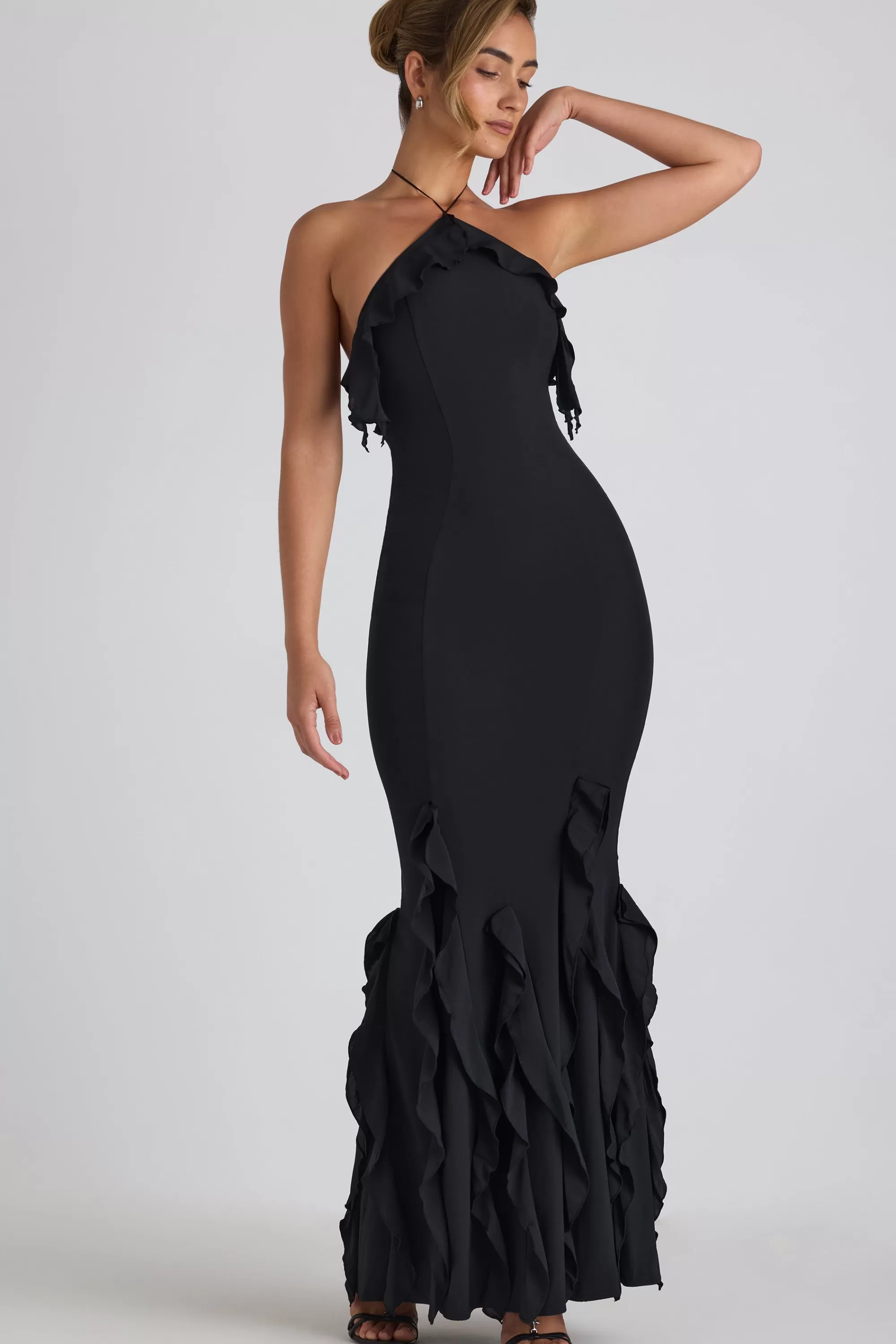 Oh Polly Ruffle-Trim Halterneck Gown In Black Fashion