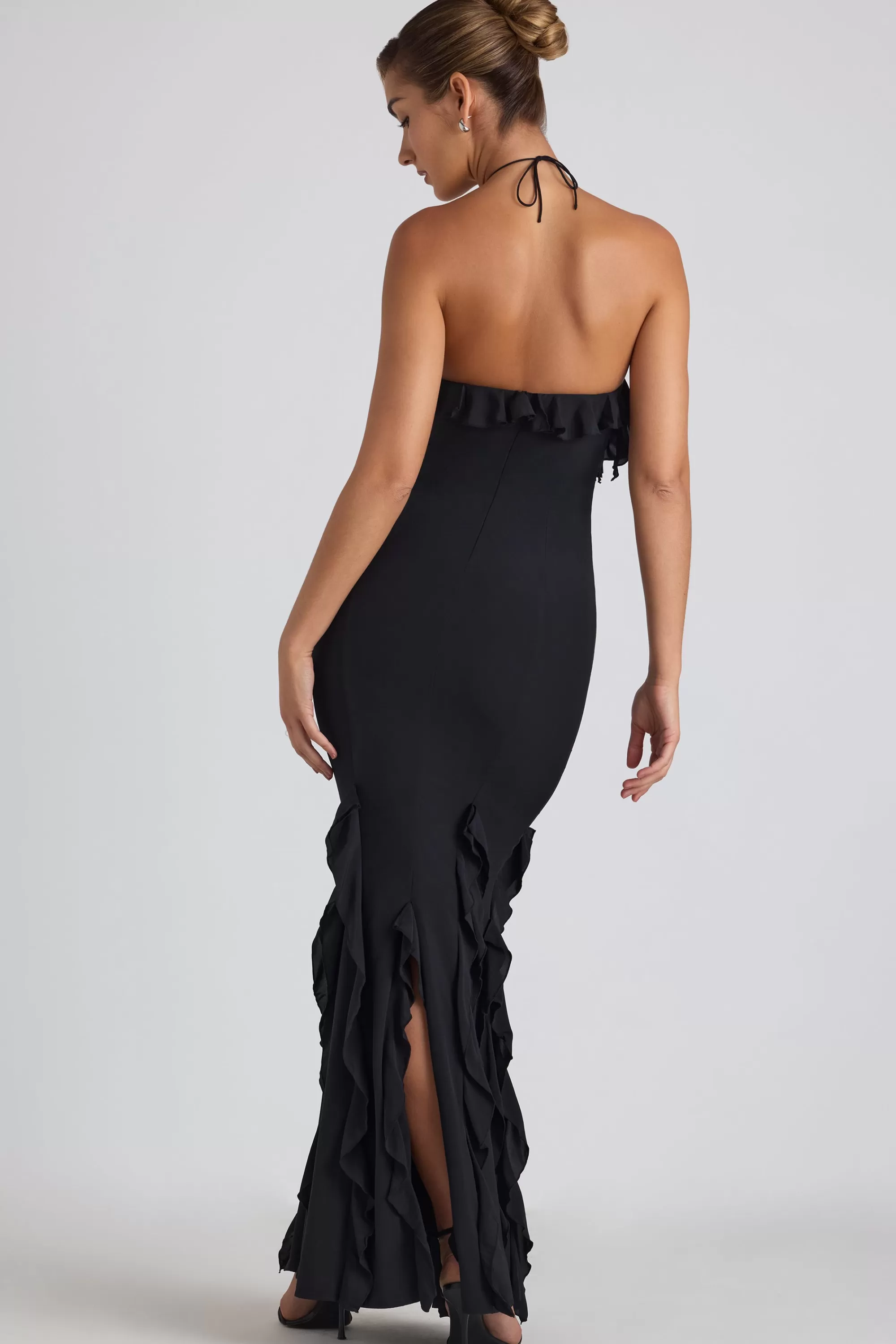 Oh Polly Ruffle-Trim Halterneck Gown In Black Fashion