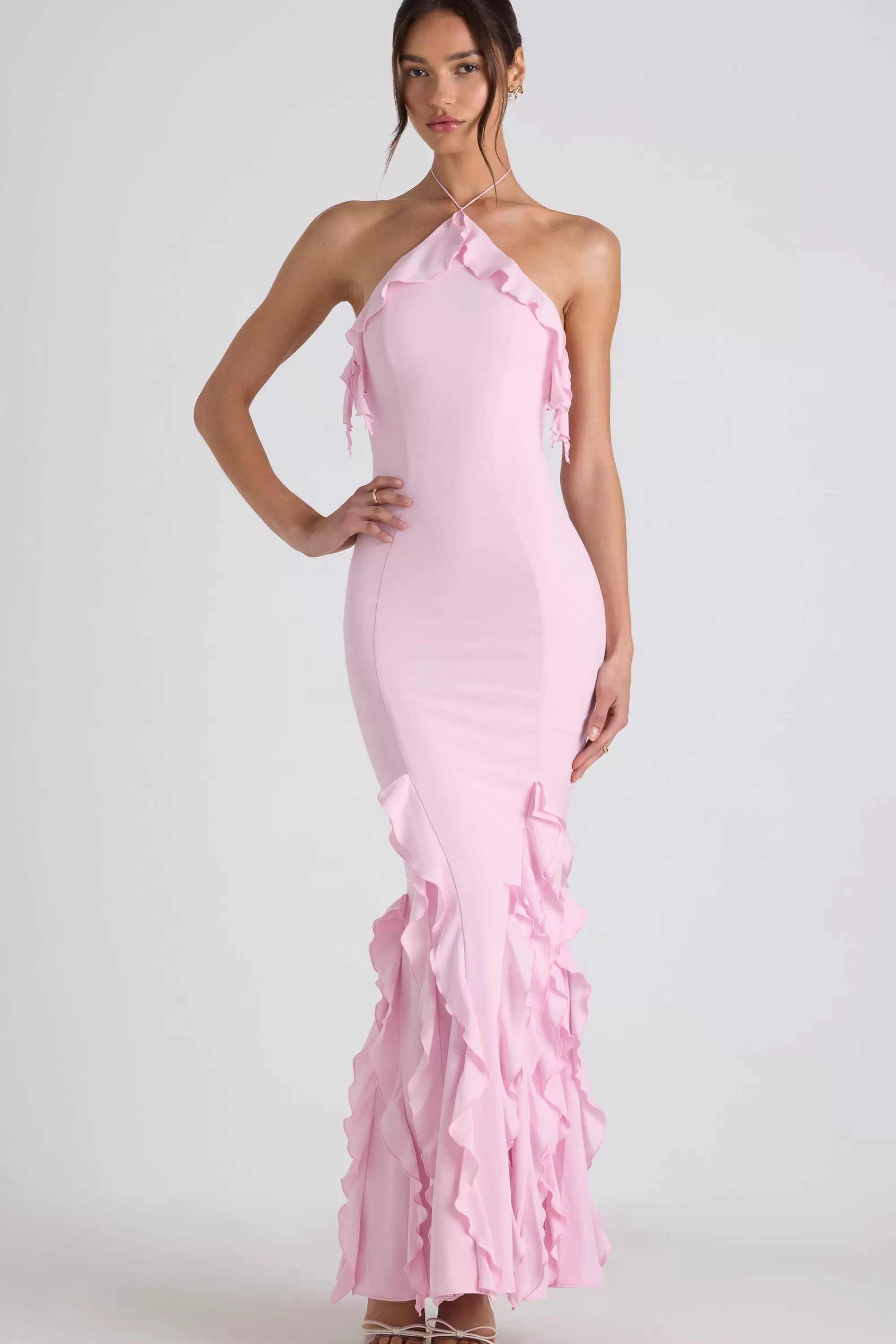 Oh Polly Ruffle-Trim Halterneck Gown In Soft Pink Hot