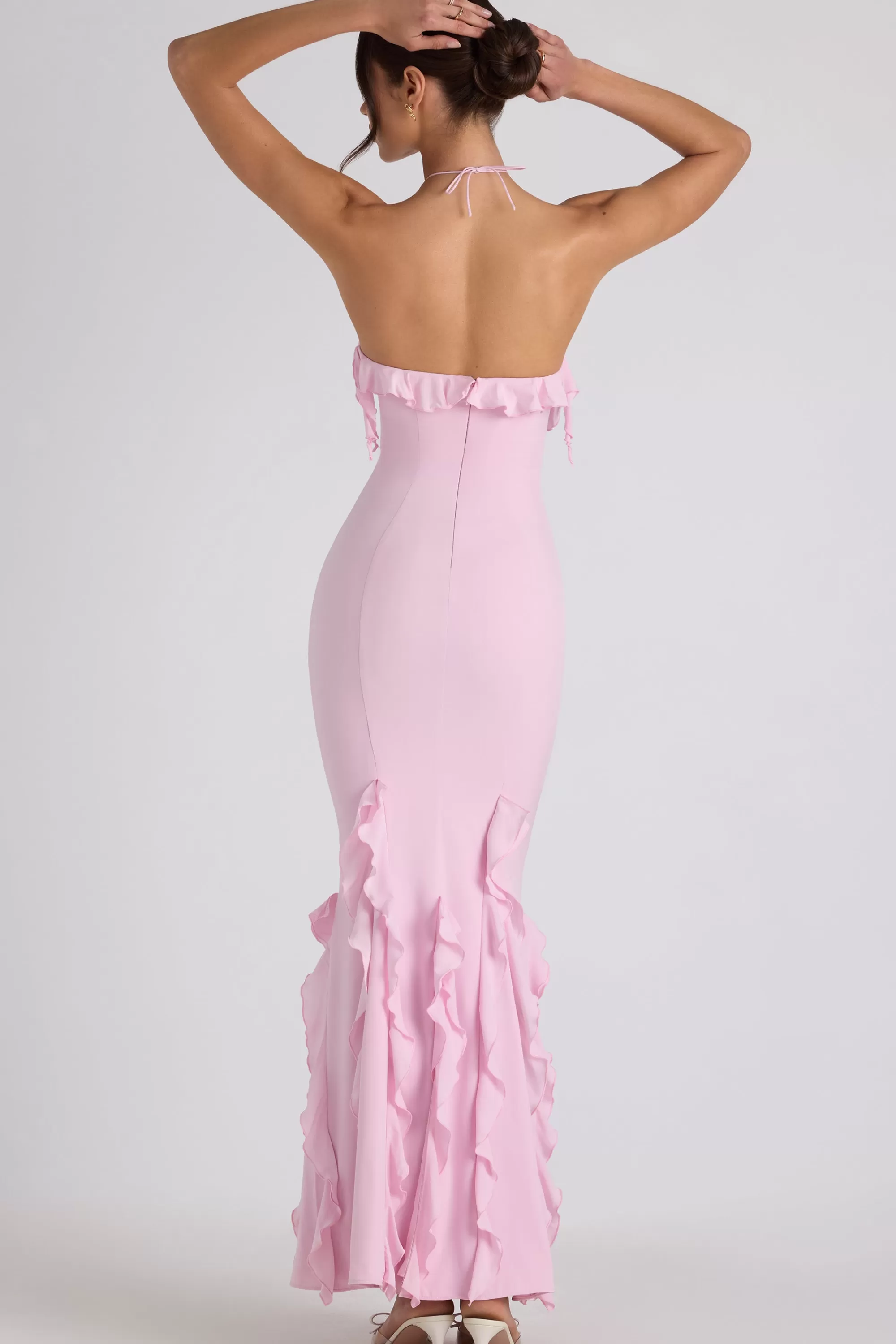 Oh Polly Ruffle-Trim Halterneck Gown In Soft Pink Hot