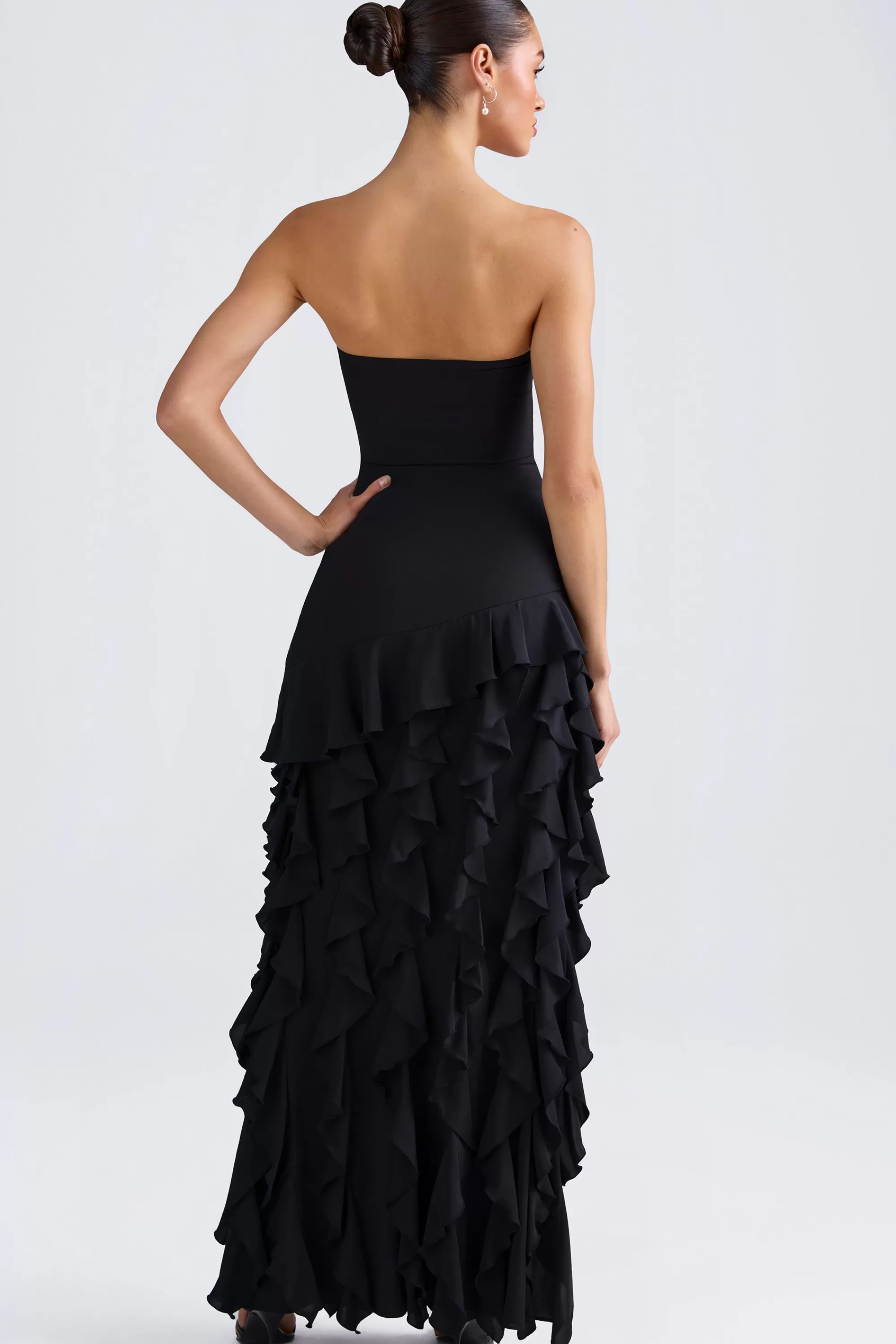 Oh Polly Ruffle-Trim Strapless Gown In Black Clearance