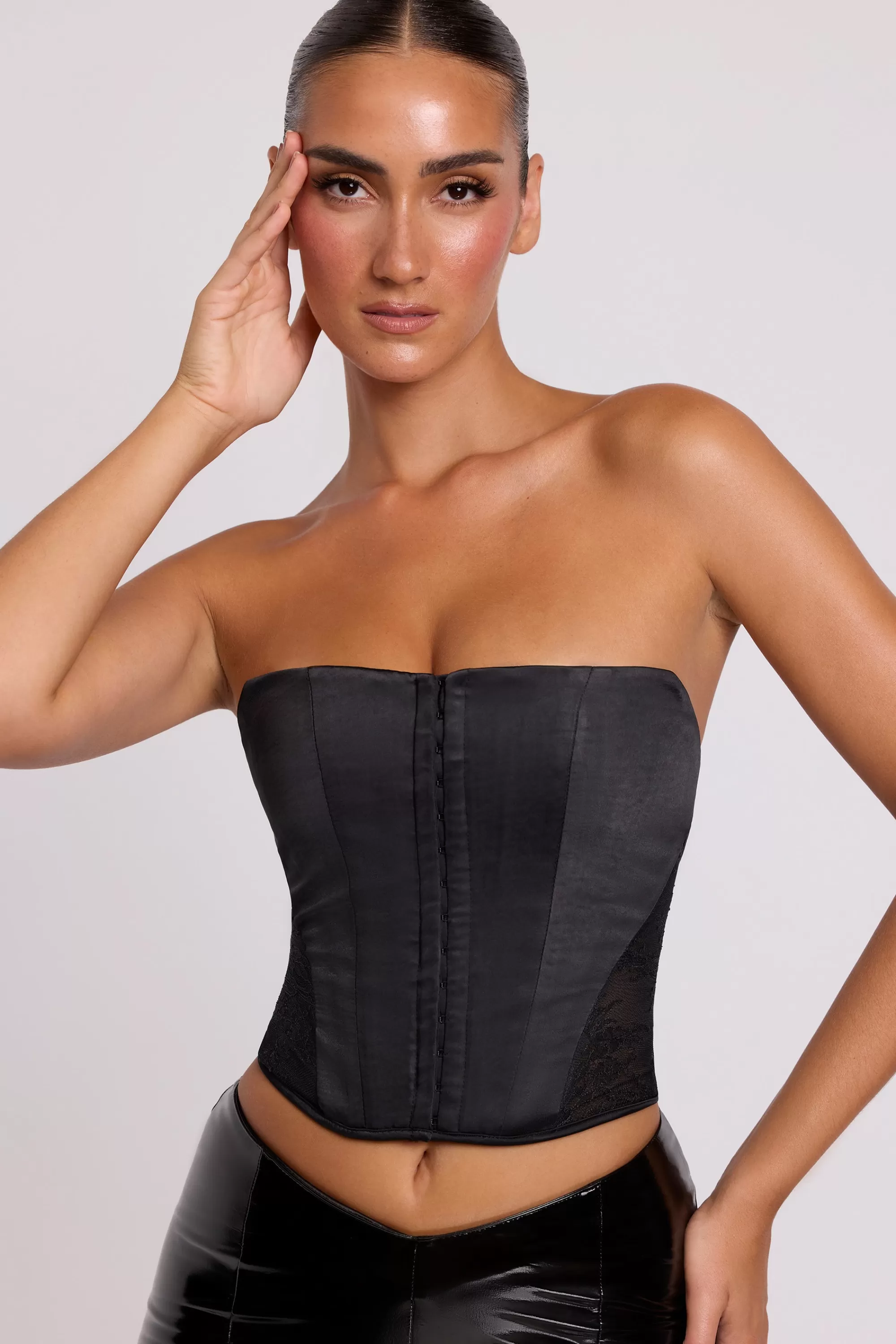 Oh Polly Satin Strapless Corset In Black Online