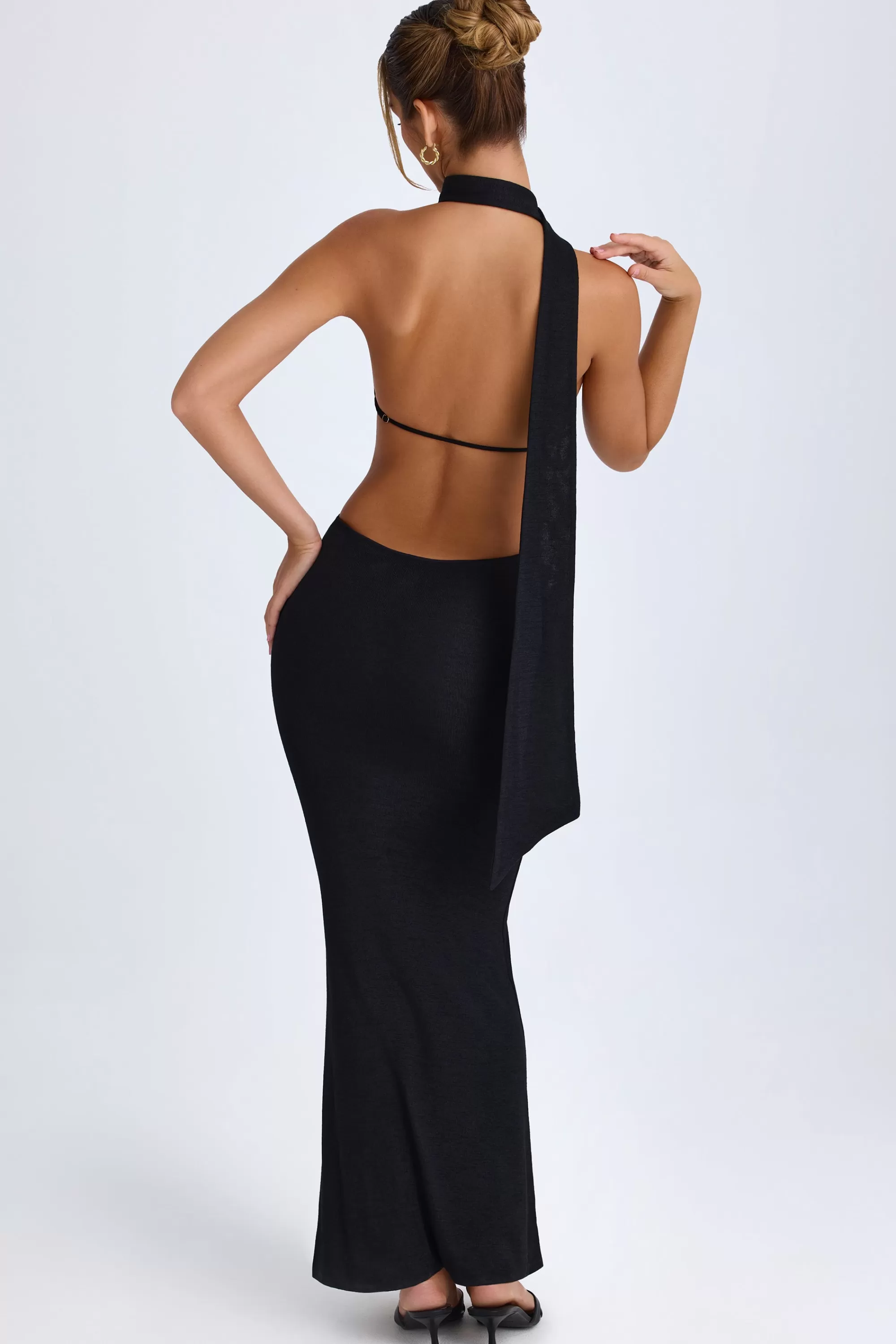 Oh Polly Scarf-Detail Cut-Out Halterneck Maxi Dress In Black Black Clearance