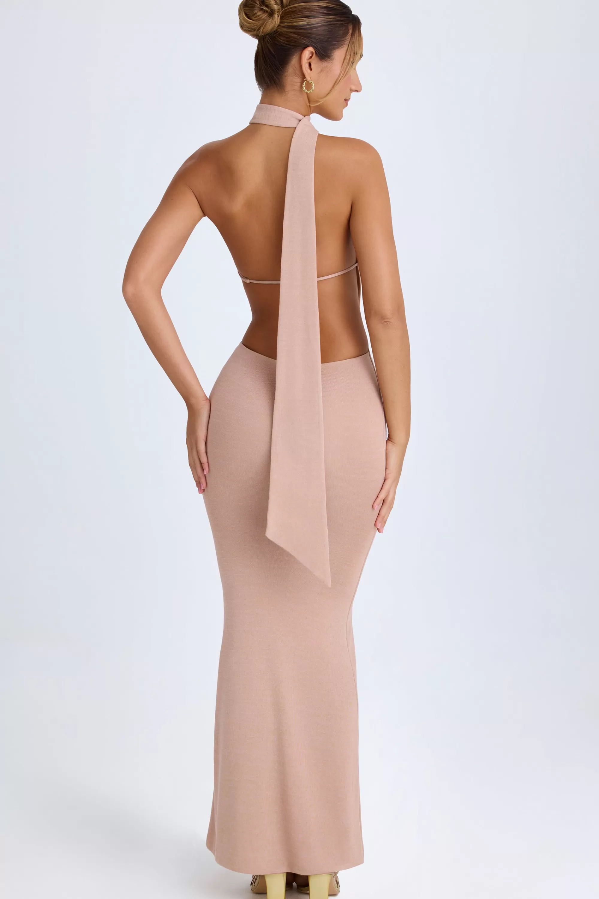 Oh Polly Scarf-Detail Cut-Out Halterneck Maxi Dress In Warm Peach Cheap