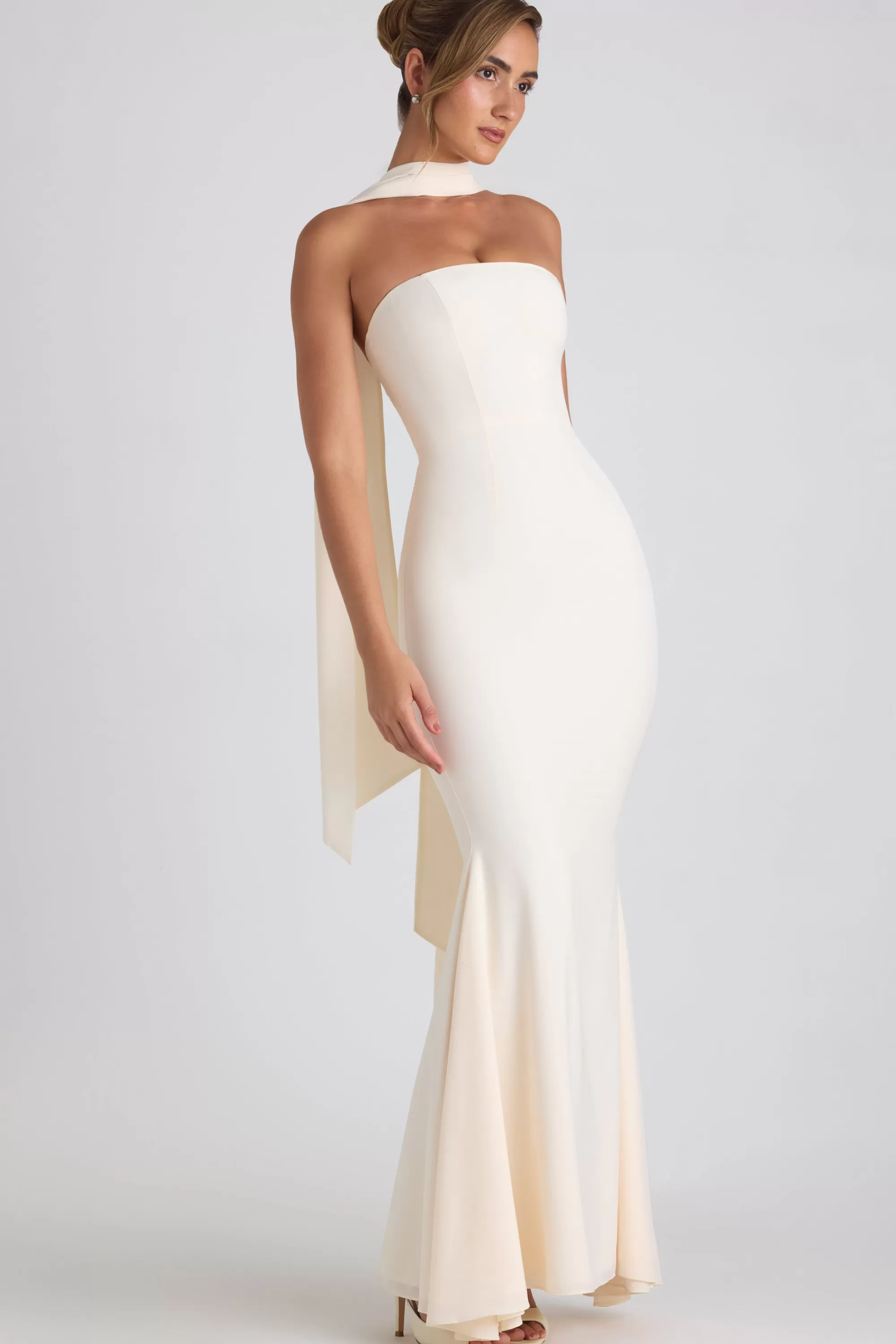 Oh Polly Scarf-Detail Strapless Gown In Ivory Hot