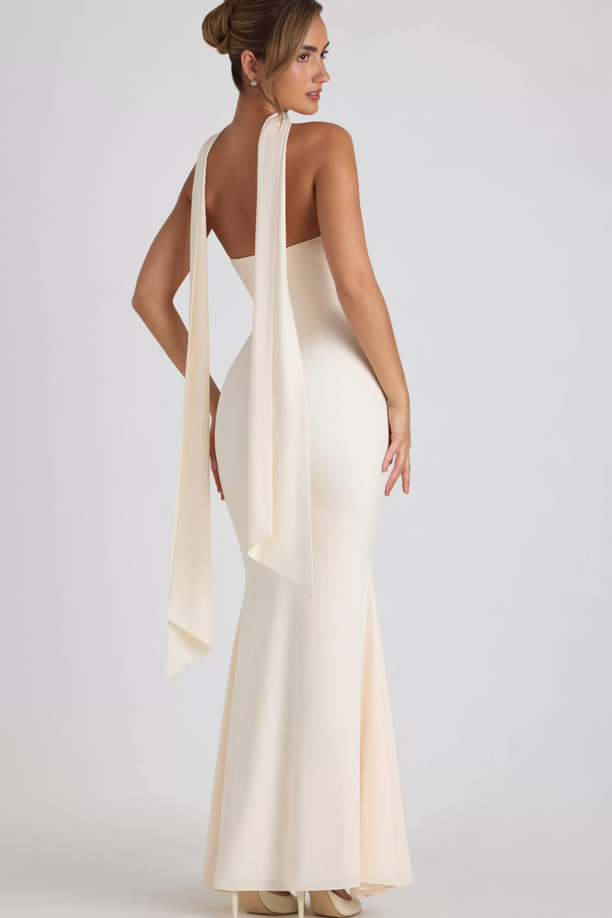 Oh Polly Scarf-Detail Strapless Gown In Ivory Hot