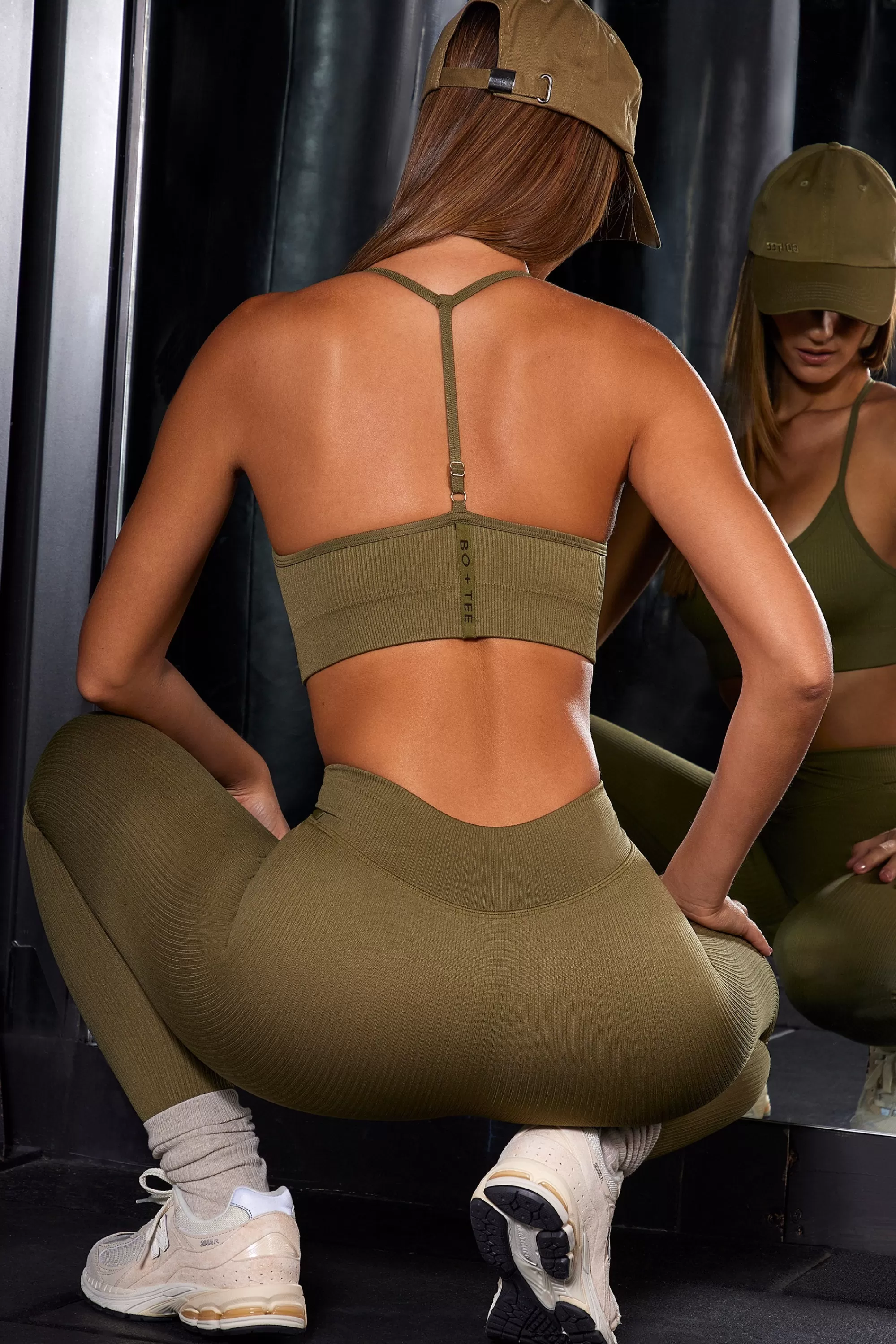 Oh Polly Scoop Neck Halter Sports Bra In Olive Clearance