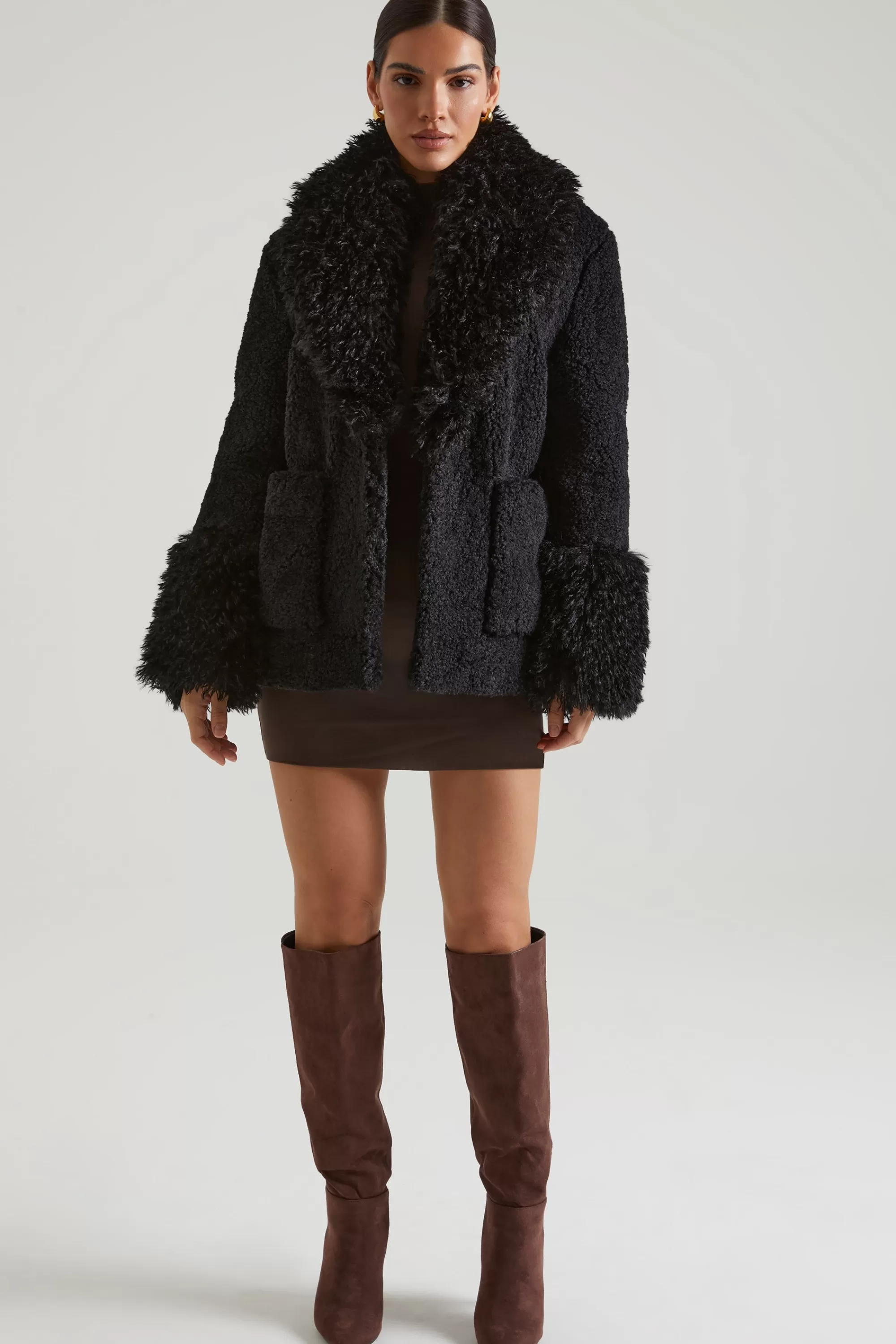 Oh Polly Shearling Coat With Large Front Pockets In Black Store