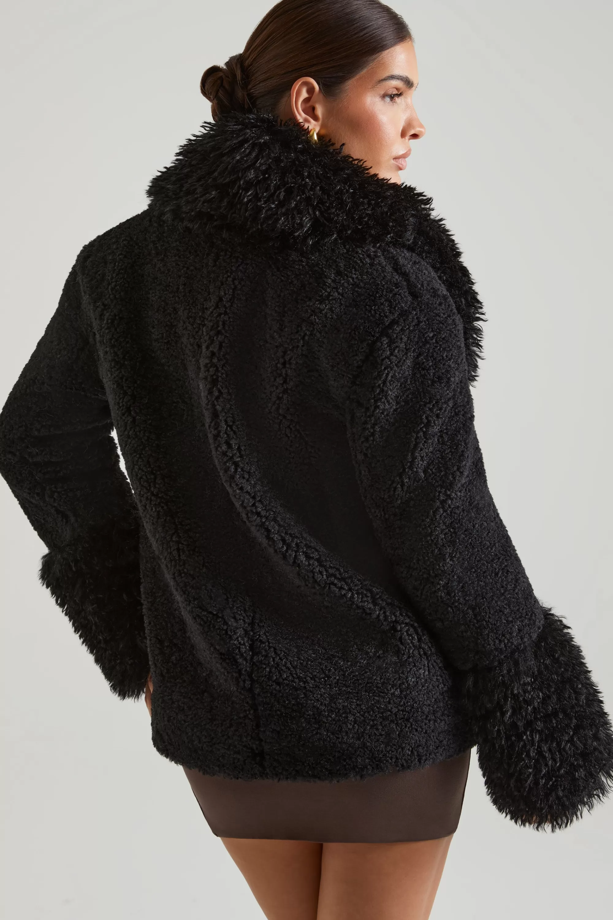 Oh Polly Shearling Coat With Large Front Pockets In Black Store