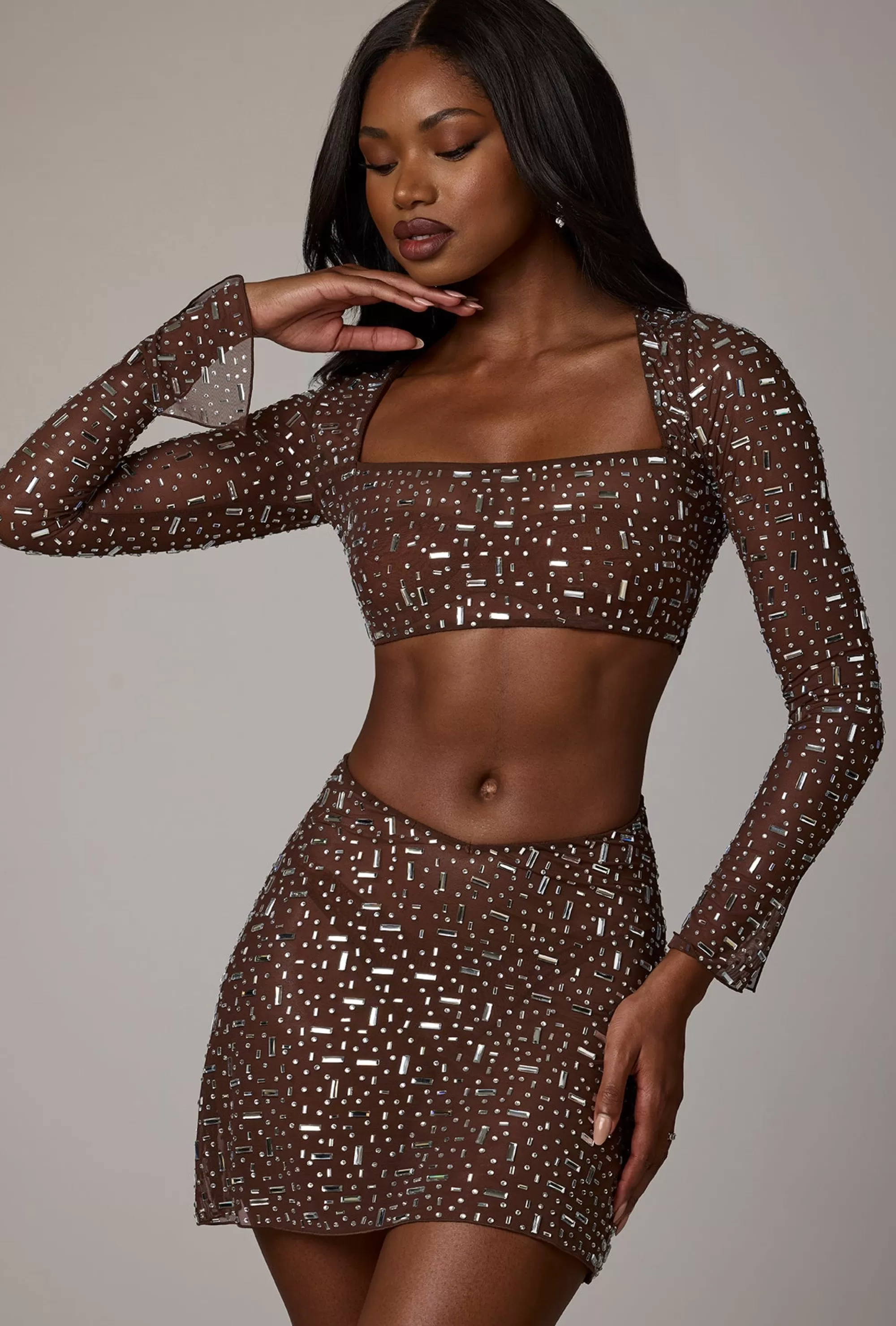 Oh Polly Sheer Embellished Long Sleeve Crop Top In Deep Cocoa Best Sale