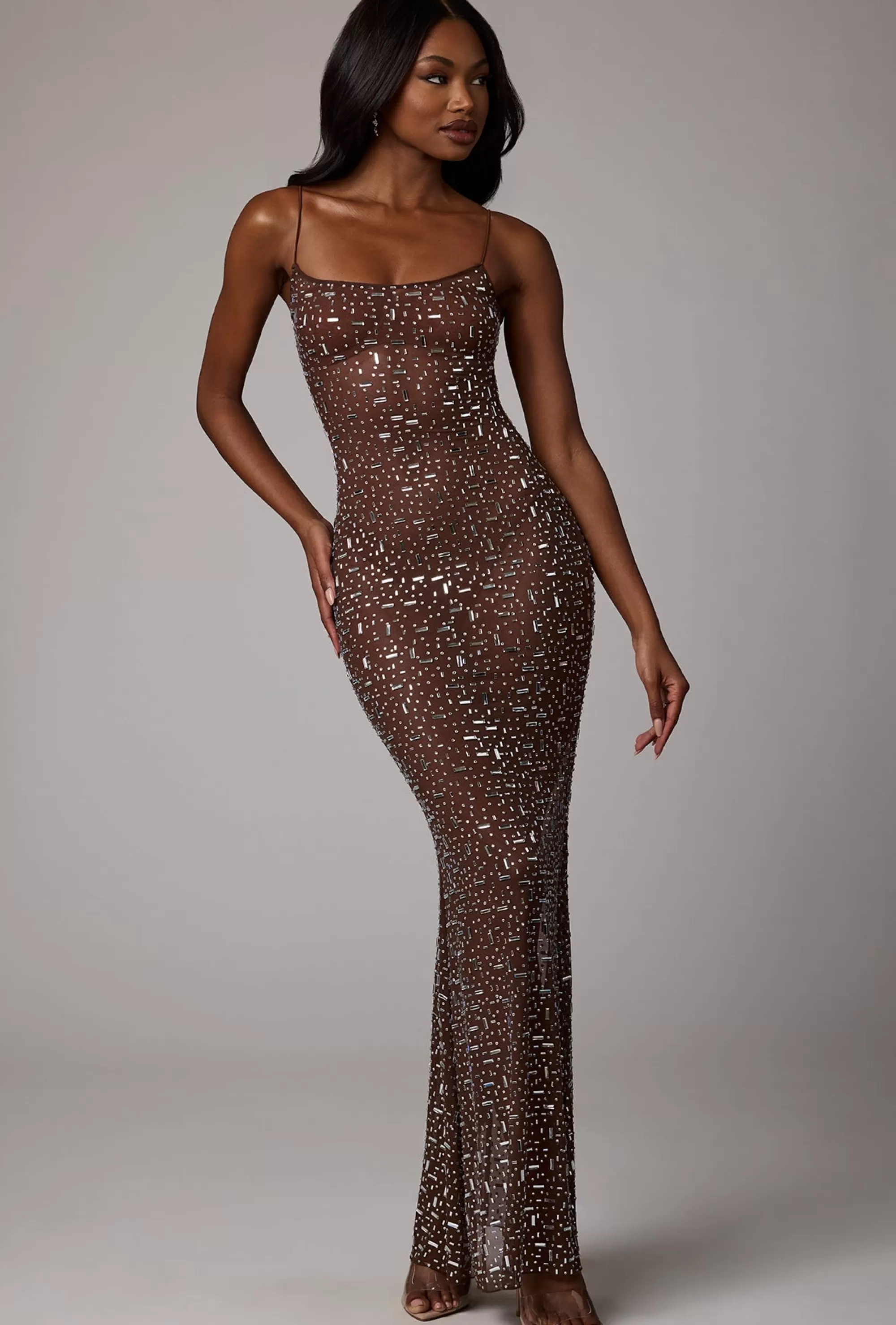 Oh Polly Sheer Embellished Scoop Neck Evening Gown In Deep Cocoa Best Sale