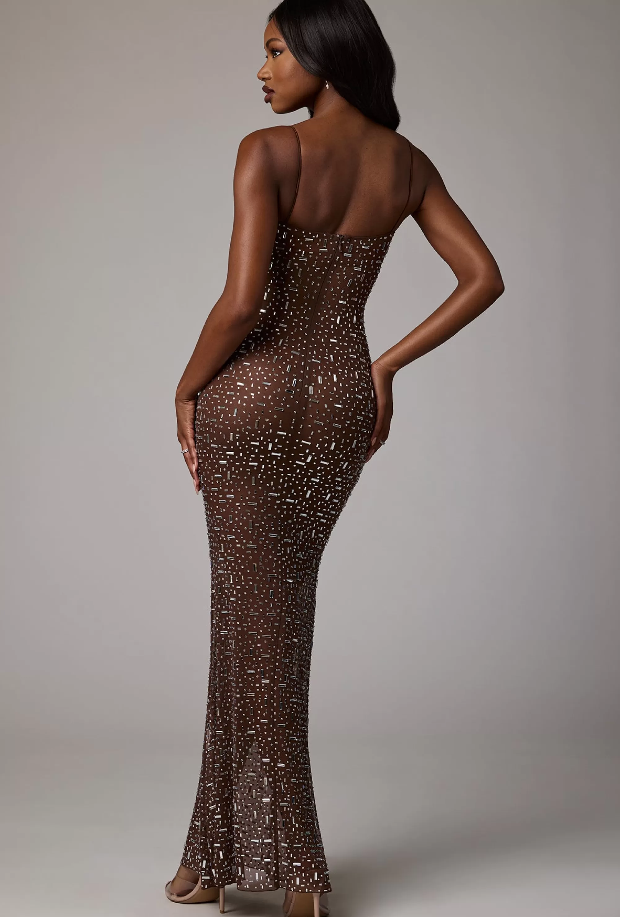 Oh Polly Sheer Embellished Scoop Neck Evening Gown In Deep Cocoa Best Sale