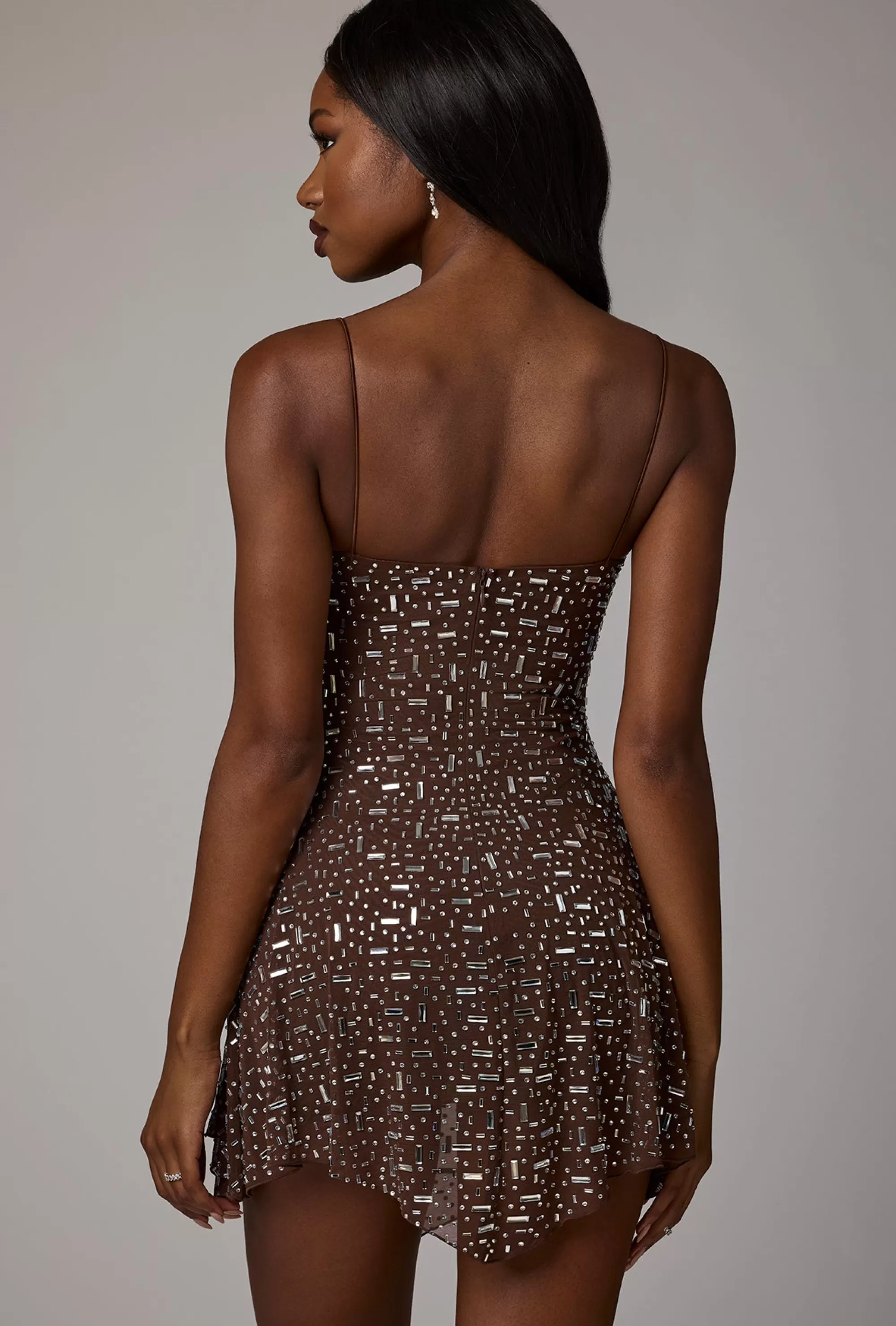 Oh Polly Sheer Embellished Scoop Neck Mini Dress In Deep Cocoa Best